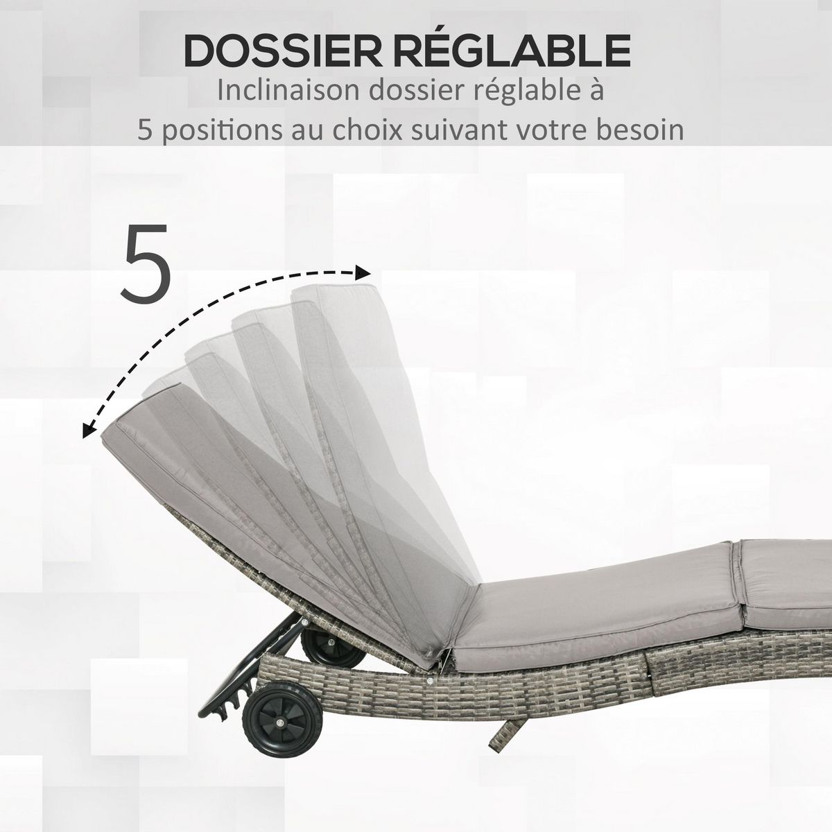 OUTSUNNY Bain de soleil transat grand confort - dossier inclinable 5 positions roulettes - matelas déhoussable inclus - résine tressée grise