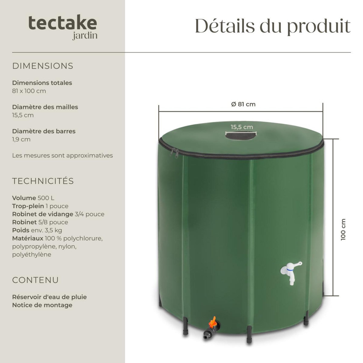 tectake Tonneau récupérateur d'eau de pluie avec robinet et protection anti-débordement vert 500 L
