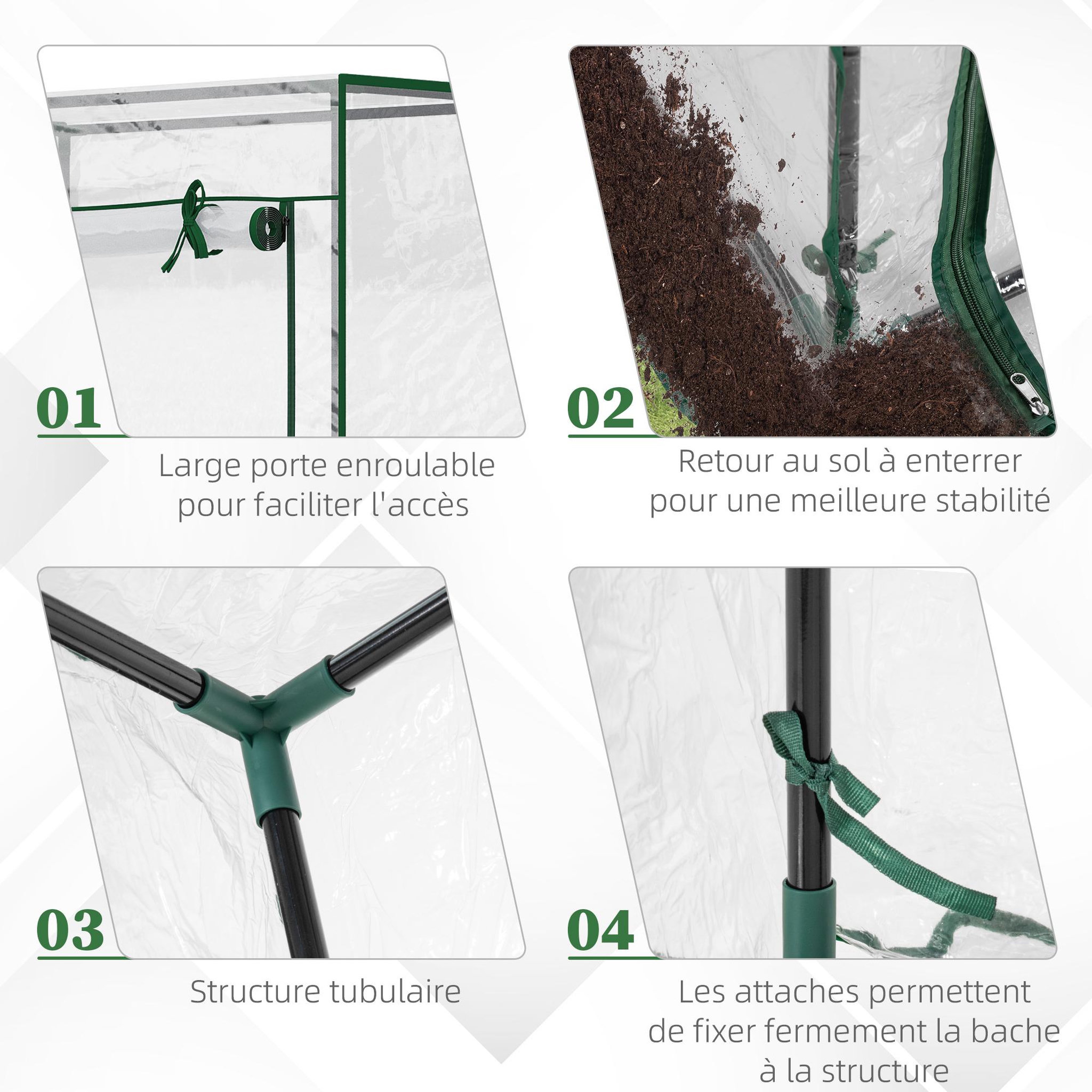 Voir la diapositive 5 : OUTSUNNY Serre de jardin serre à tomates 1l x 0,5l x 1,5h m porte zippée déroulante acier thermolaqué pvc haute densité 140 g/m² anti-uv