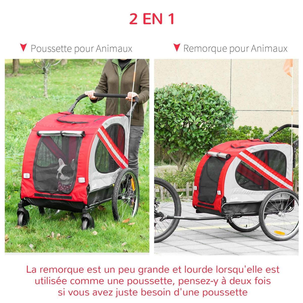 PAWHUT Remorque vélo jogger 2 en 1 pour animaux drapeau roue avant pivotante réflecteurs rouge gris