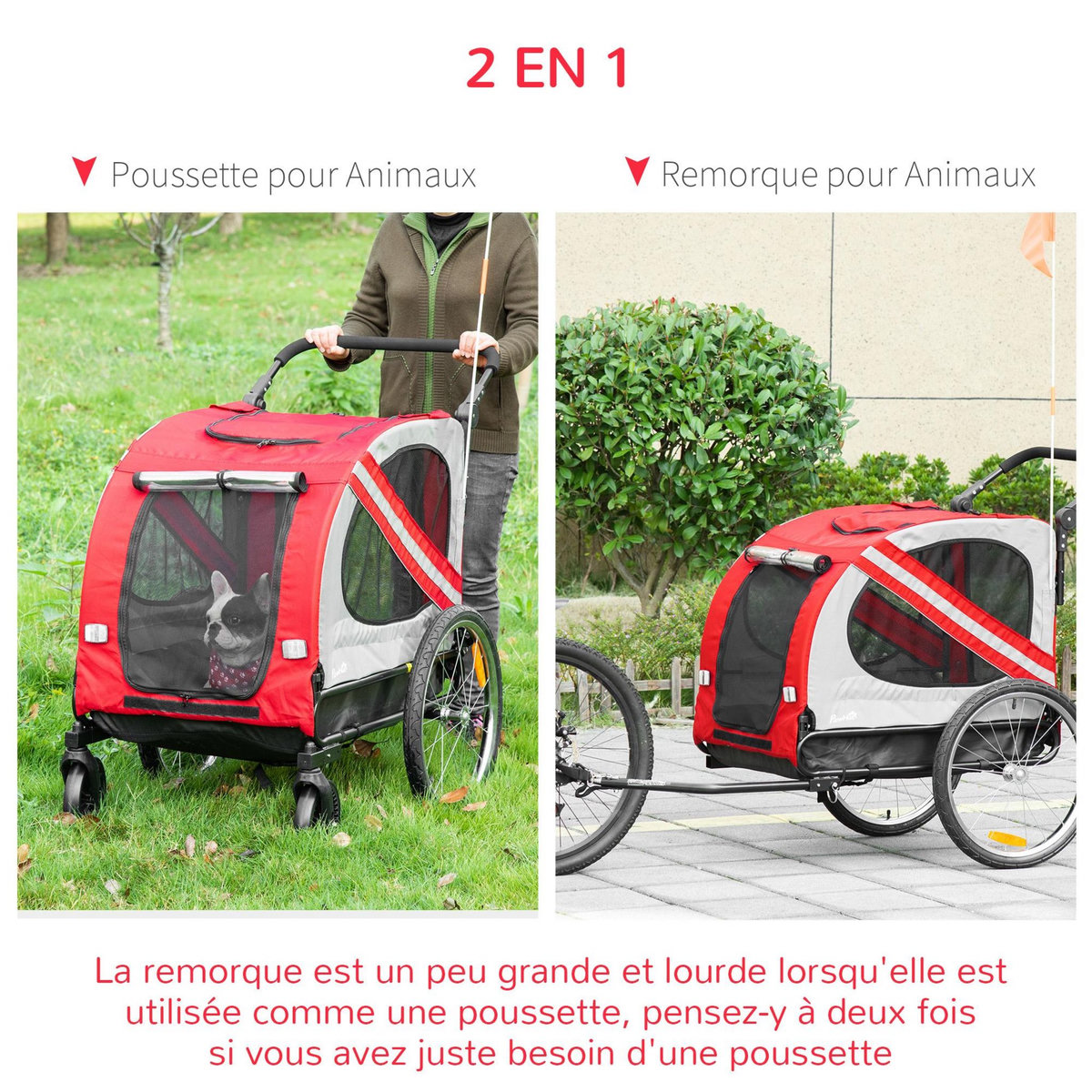 PAWHUT Remorque vélo jogger 2 en 1 pour animaux drapeau roue avant pivotante réflecteurs rouge gris
