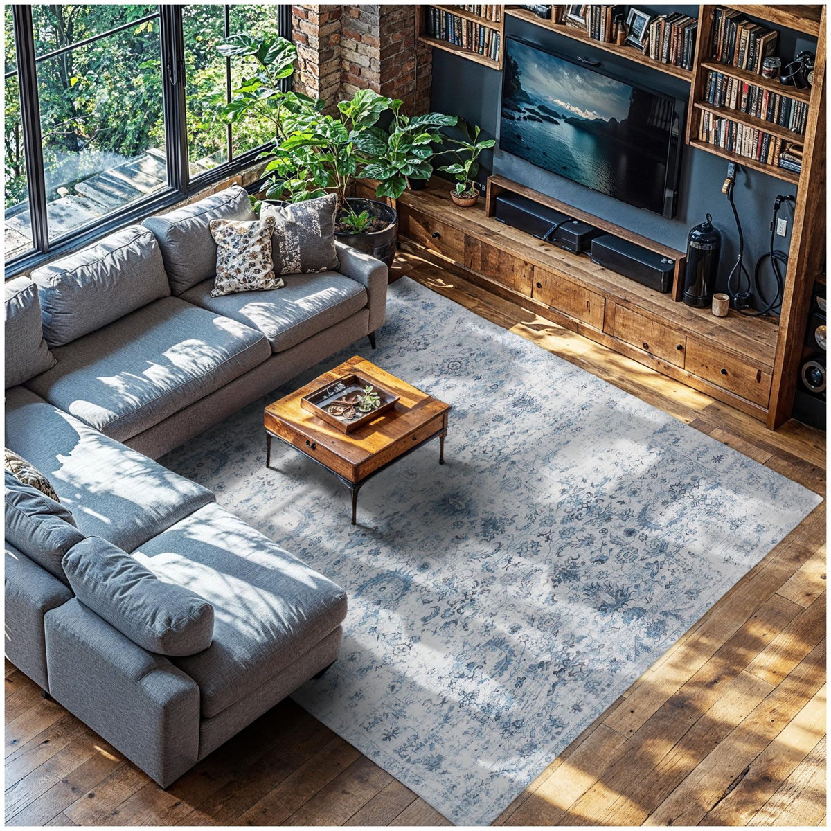 tectake Tapis vintage design à poils courts en laine synthétique et feutre bleu 240 x 340 cm