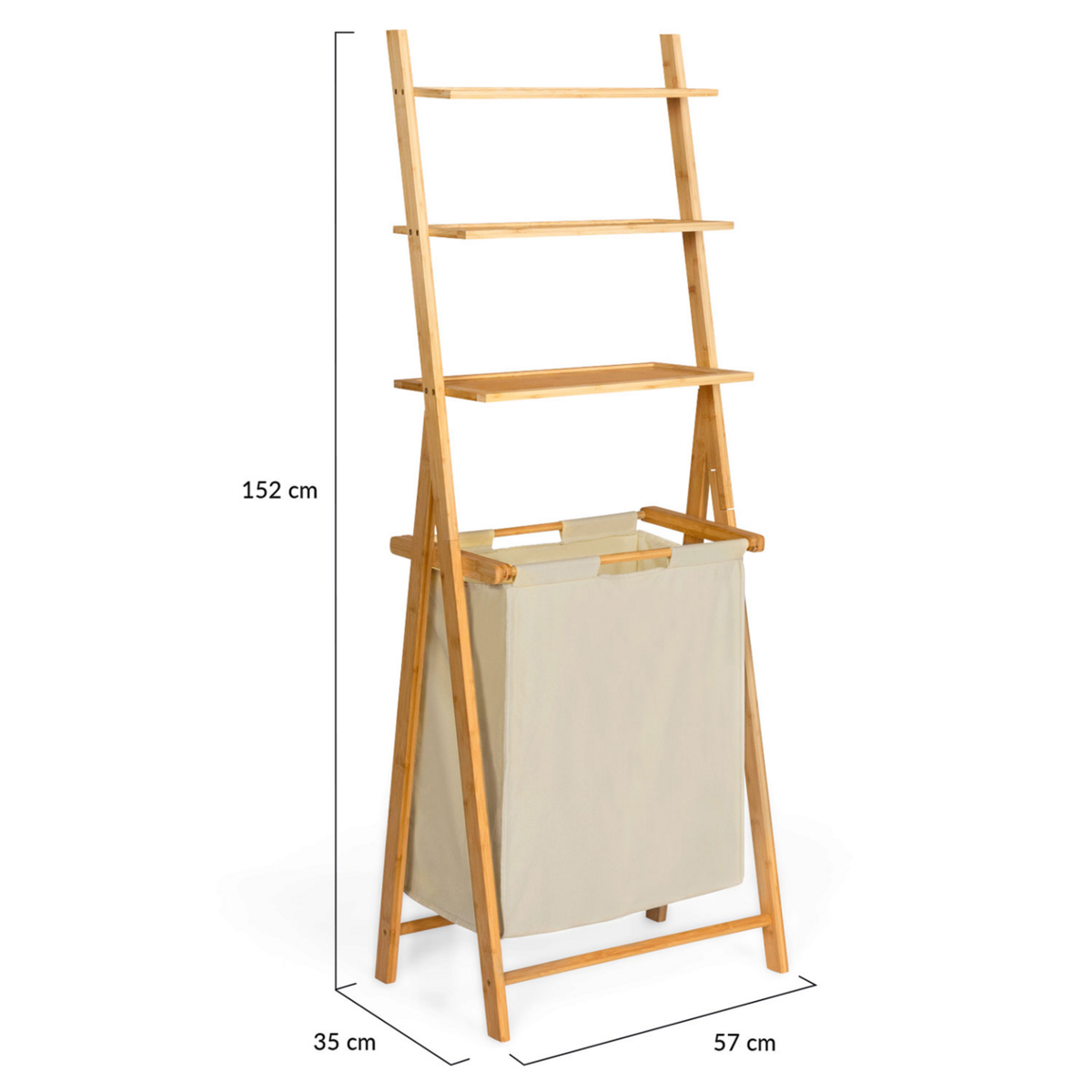 ID MARKET Panier à linge 2 bacs bambou LANA avec étagères tissu écru