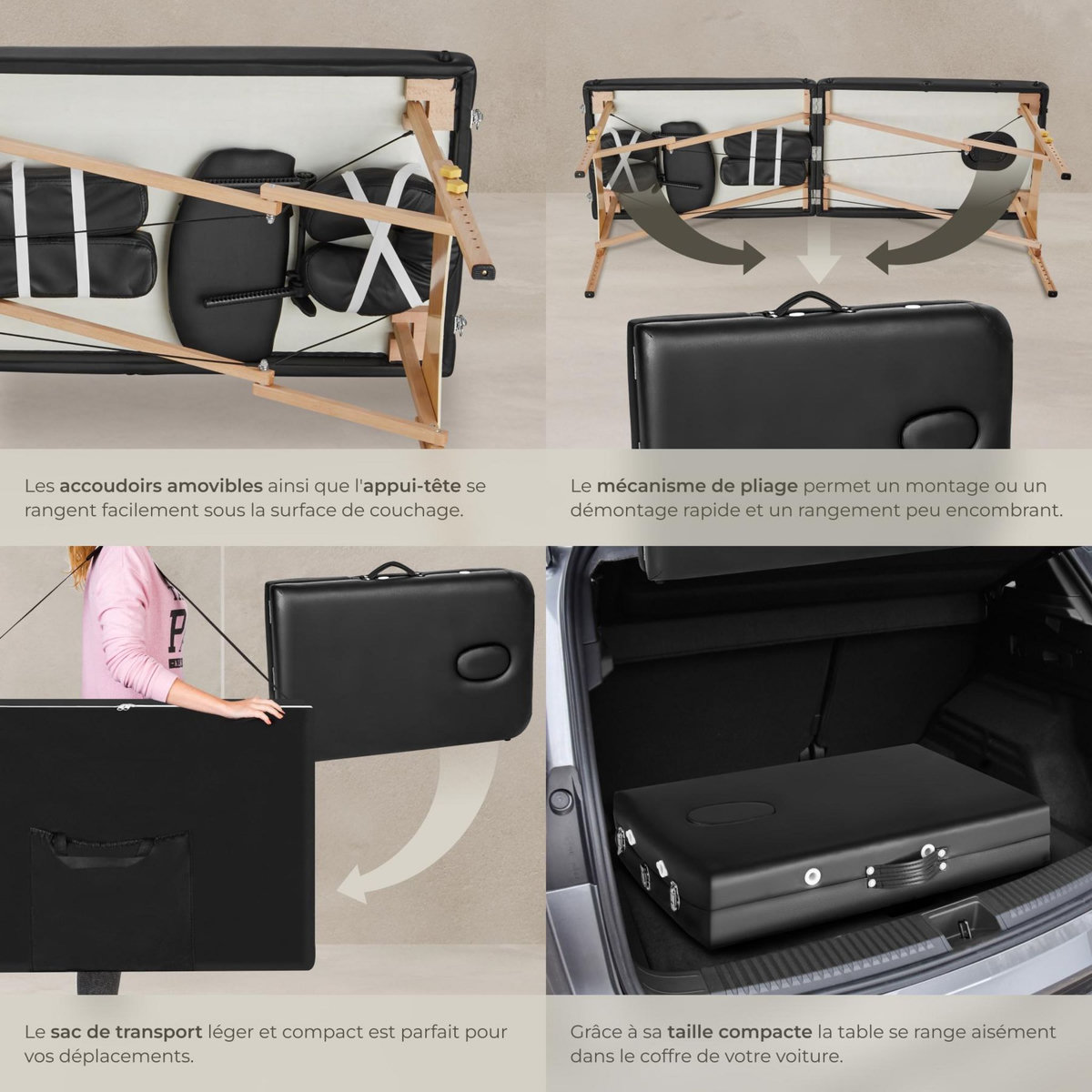 tectake Table de massage portable pliante 2 zones largeur 61 cm et rembourrage 5 cm noir