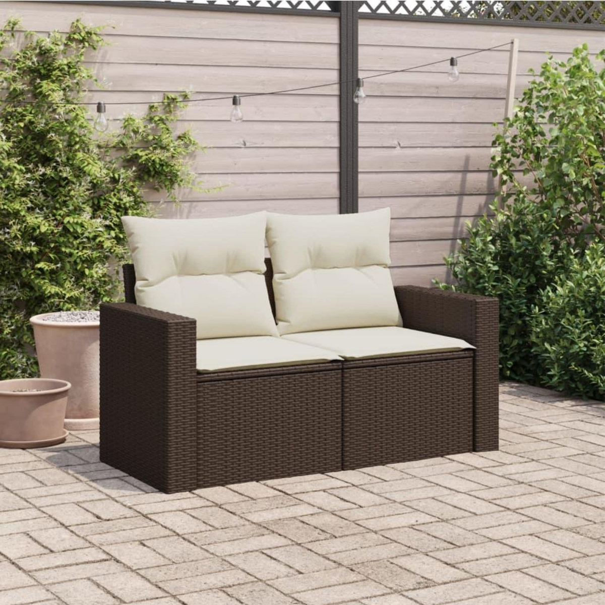 VIDAXL Canape de jardin avec coussins 2 places marron resine tressee