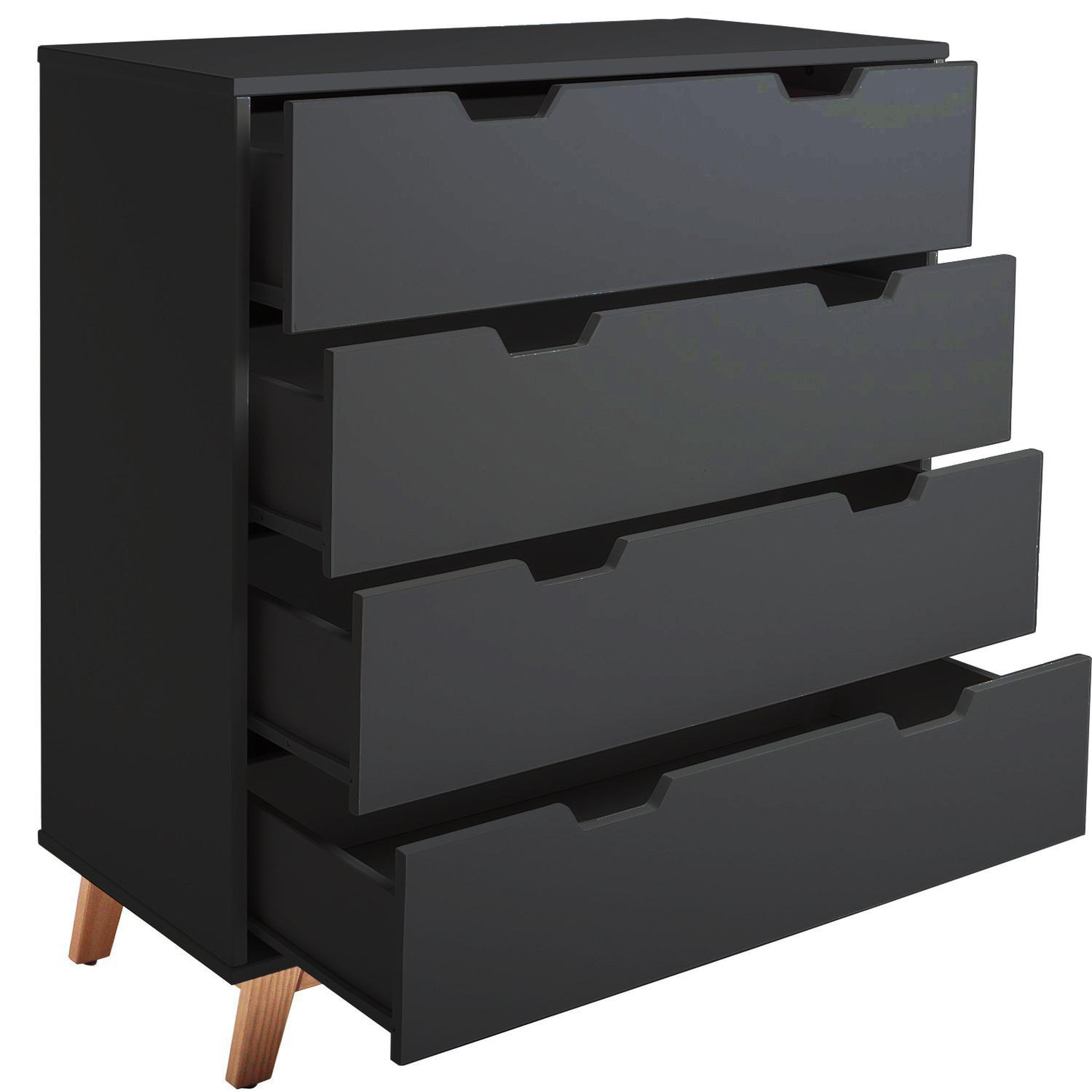 Voir la diapositive 2 : VS VENTA-STOCK Commode Miranda avec 4 tirois en Couleur Anthracite, Pieds en Bois Naturel