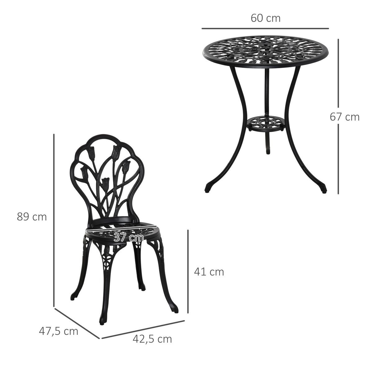 OUTSUNNY Ensemble salon de jardin 2 places 2 chaises + table ronde fonte d'aluminium imitation fer forgé noir