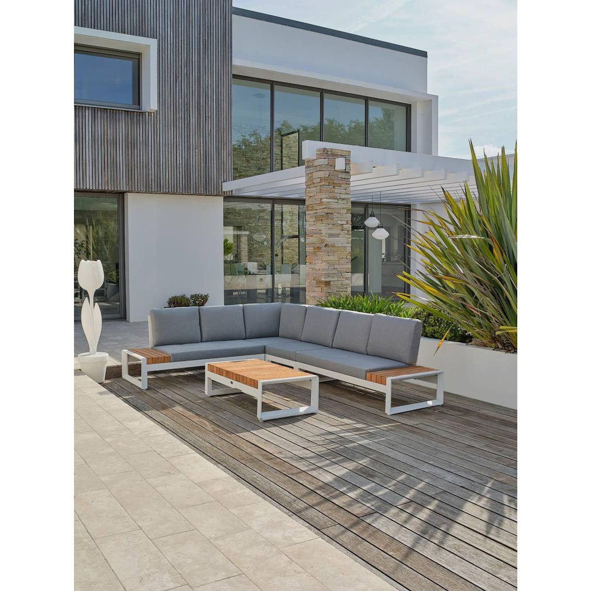 Paris Prix Salon de Jardin d'Angle 6 Places  Valencia  166cm Blanc