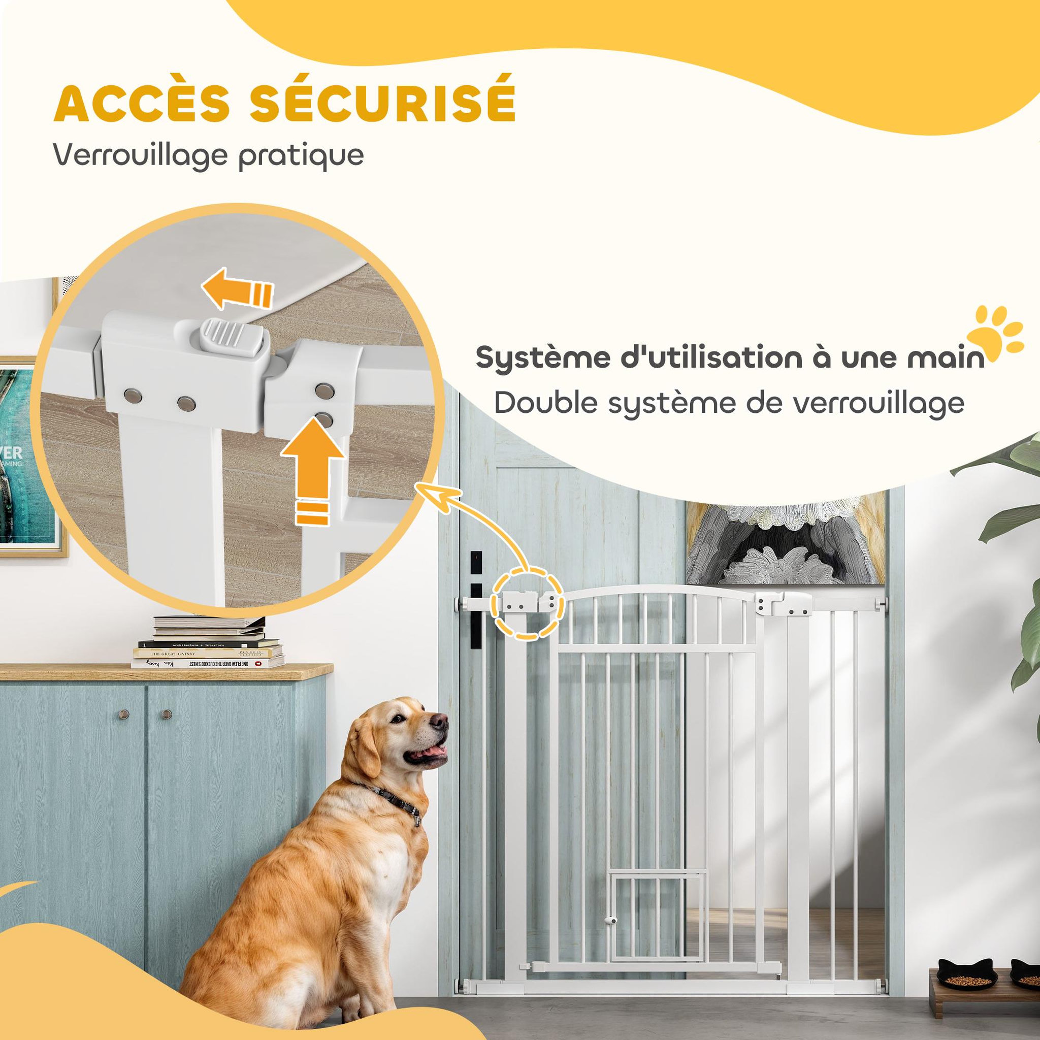 Voir la diapositive 6 : PAWHUT Barrière de sécurité pour chien - barrière à pression ajustable - 2 portes verrouillables - acier blanc