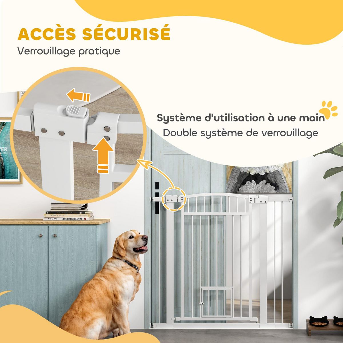 PAWHUT Barrière de sécurité pour chien - barrière à pression ajustable - 2 portes verrouillables - acier blanc