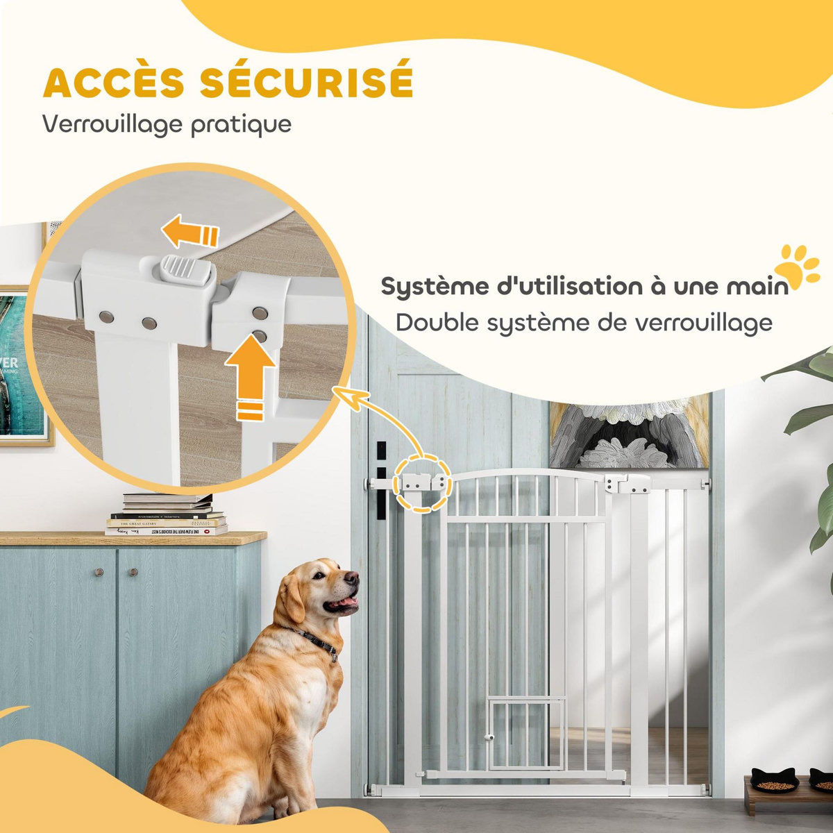 PAWHUT Barrière de sécurité pour chien - barrière à pression ajustable - 2 portes verrouillables - acier blanc