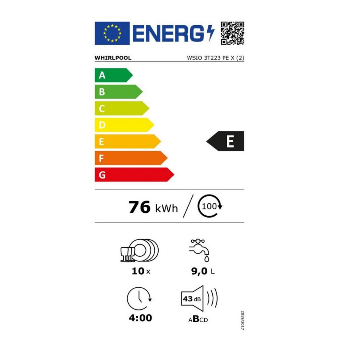 Whirlpool Lave-vaisselle 45cm 10 couverts 43db tout intégrable - wsio3t223pex