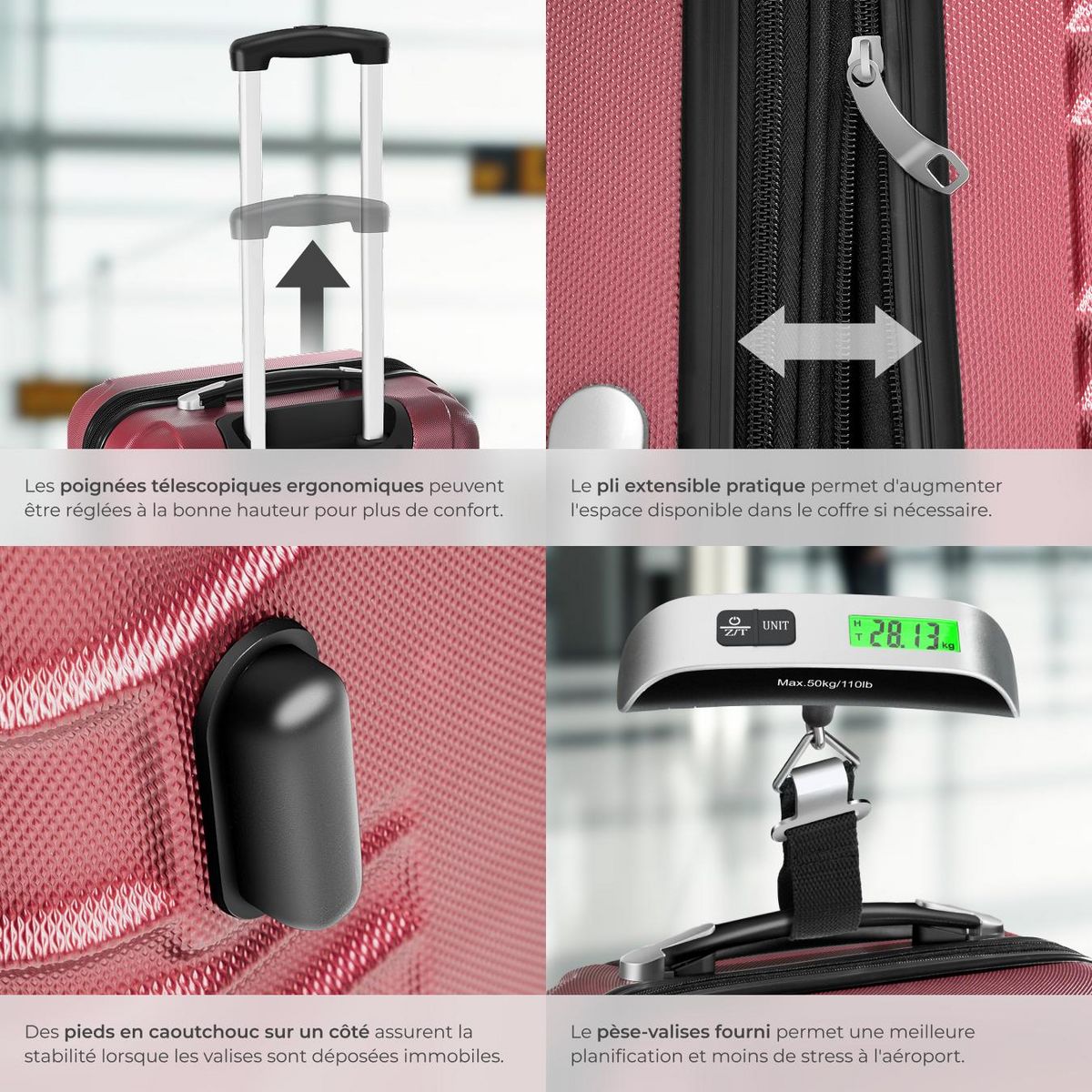 tectake Set de valises rigides 4 pièces en plastique ABS robuste, pèse-bagages et une étiquette de valise incluses rouge bordeaux