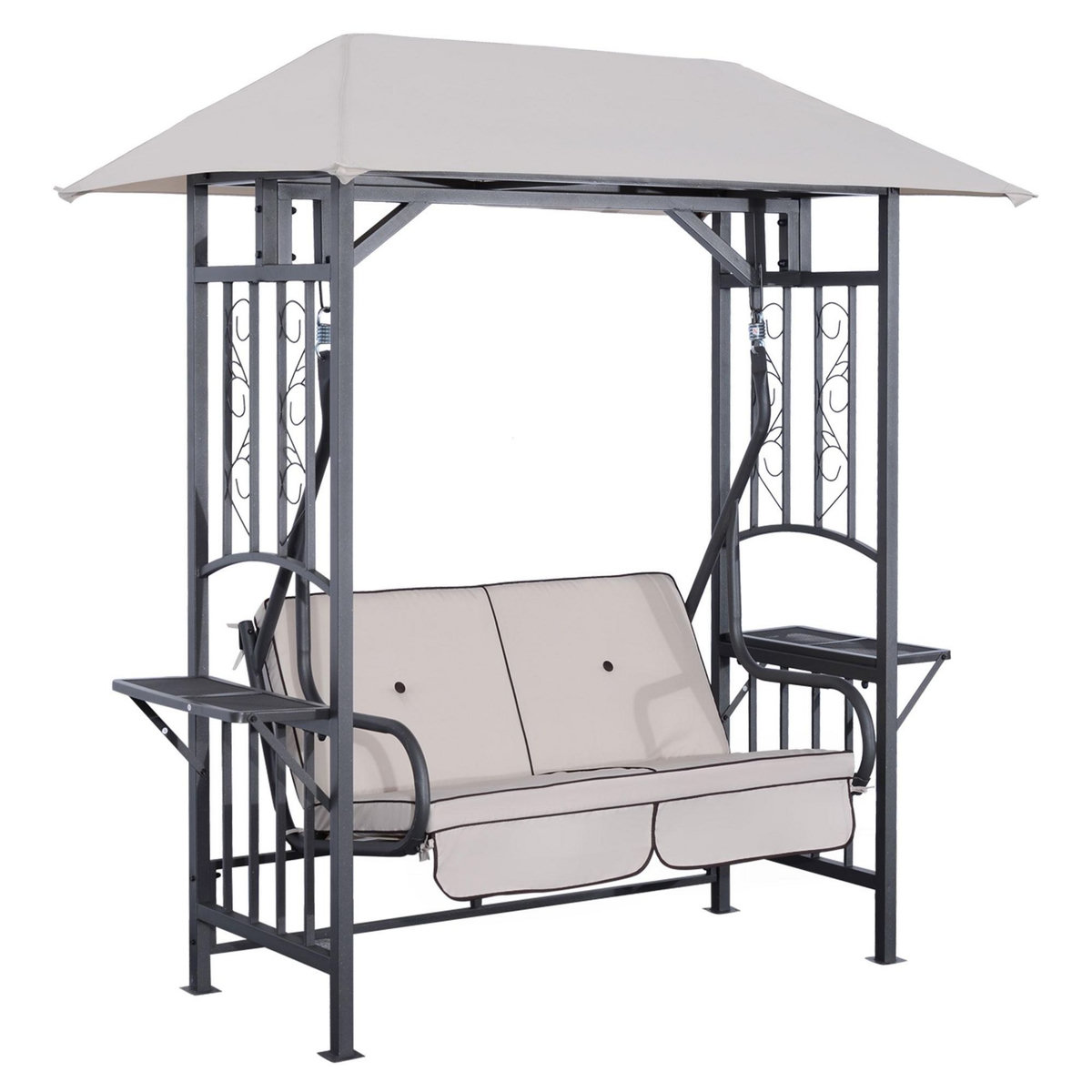 OUTSUNNY Balancelle de jardin 2 places style colonial grand confort matelas + tablettes supports métal époxy gris foncé polyester gris clair