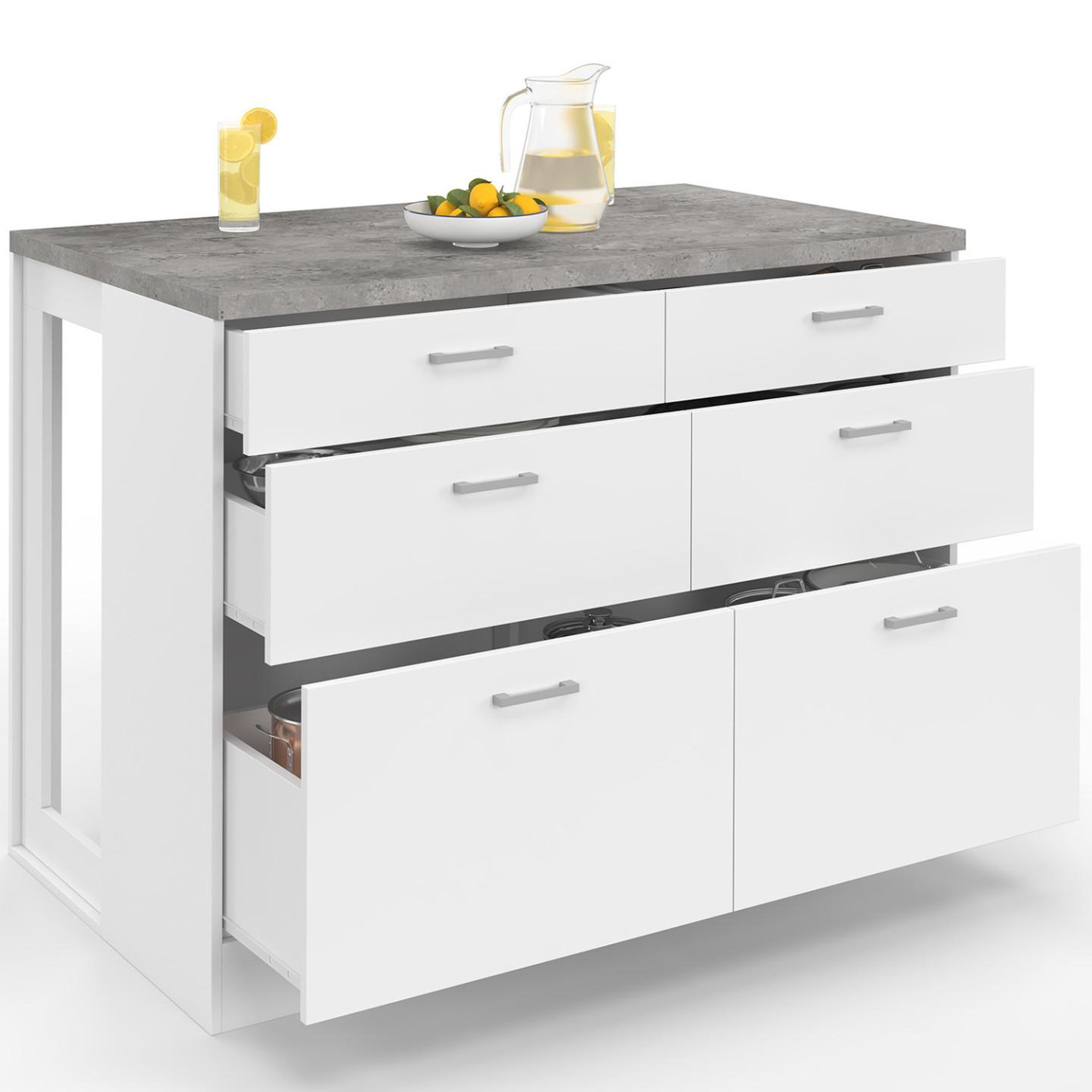 ID MARKET Ilot central mange-debout orso 120 cm casserolier 6 tiroirs blanc avec plan de travail effet béton