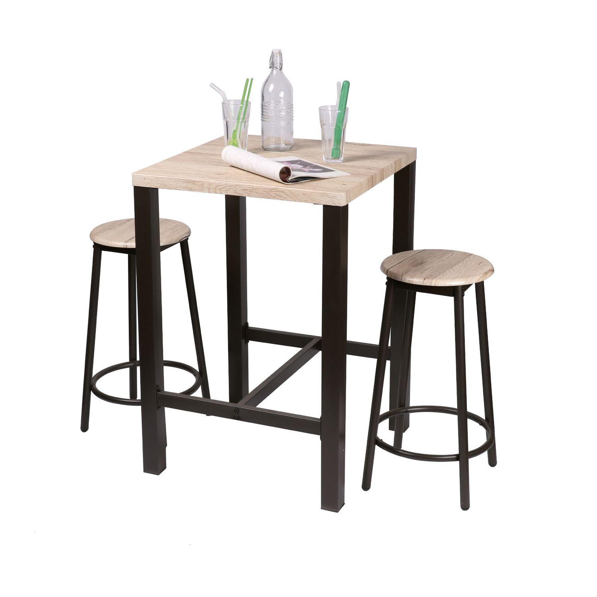 Voir la diapositive 3 : DIVERS Table de bar carrée avec 2 tabourets ronds design industriel dock - noir