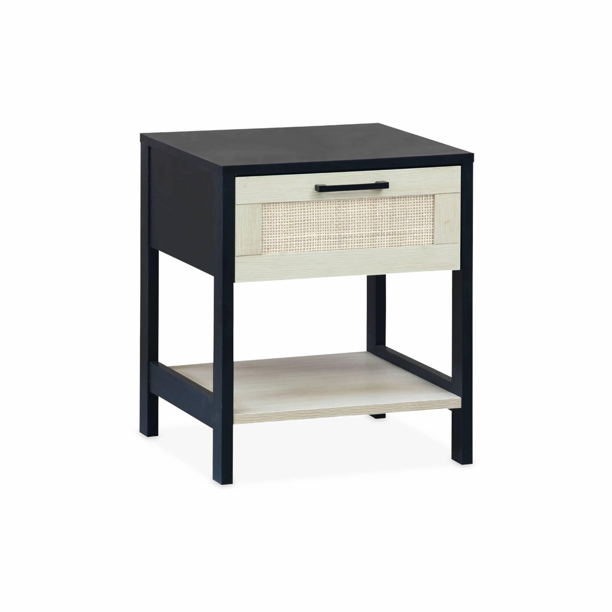 Voir la diapositive 1 : SWEEEK Table de chevet noir et cannage 40 x 40 x 48cm - Bianca - 1 tiroir. 1 étagère