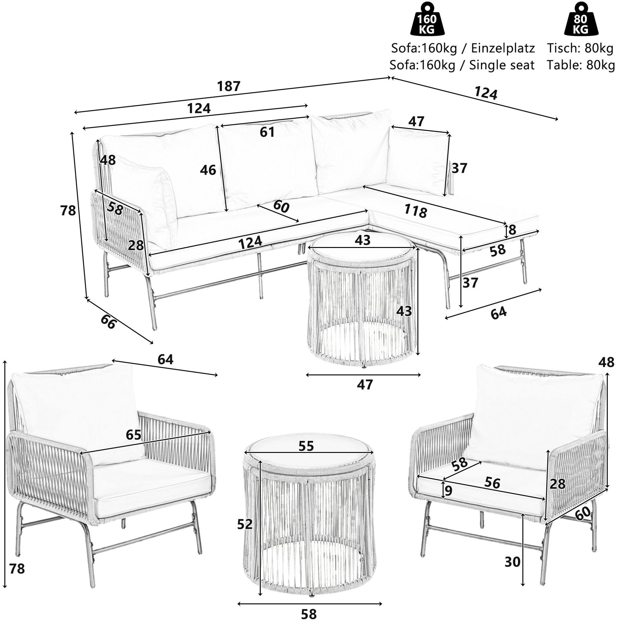 Voir la diapositive 3 : MERAX Salon de jardin 6 places en fer avec 2 fauteuils, 2 canapés, 2 tables, coussins, beige