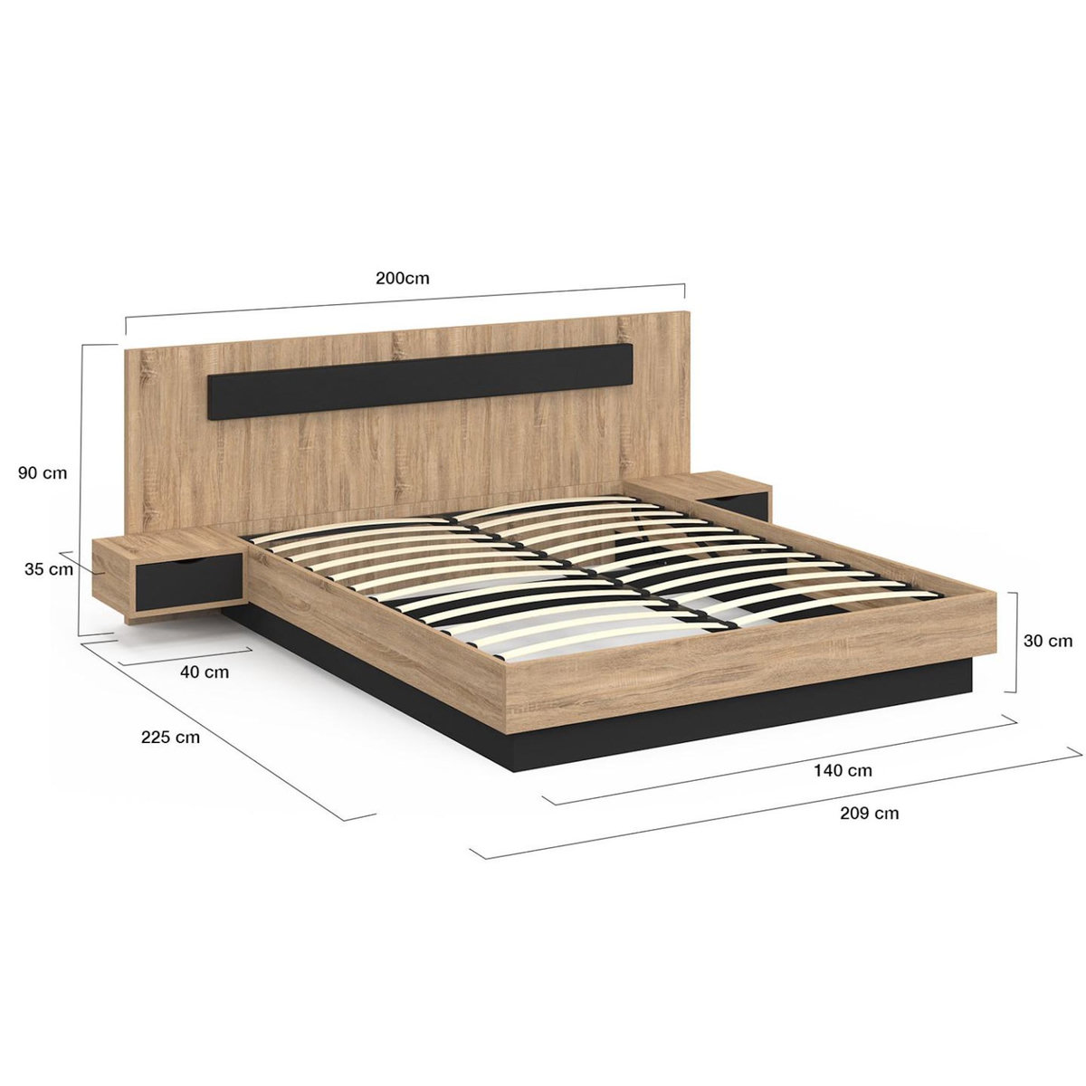 ID MARKET Lit coffre double SANTA avec tête de lit + tables de chevets intégrées et sommier 140 x 190 cm bois et noir