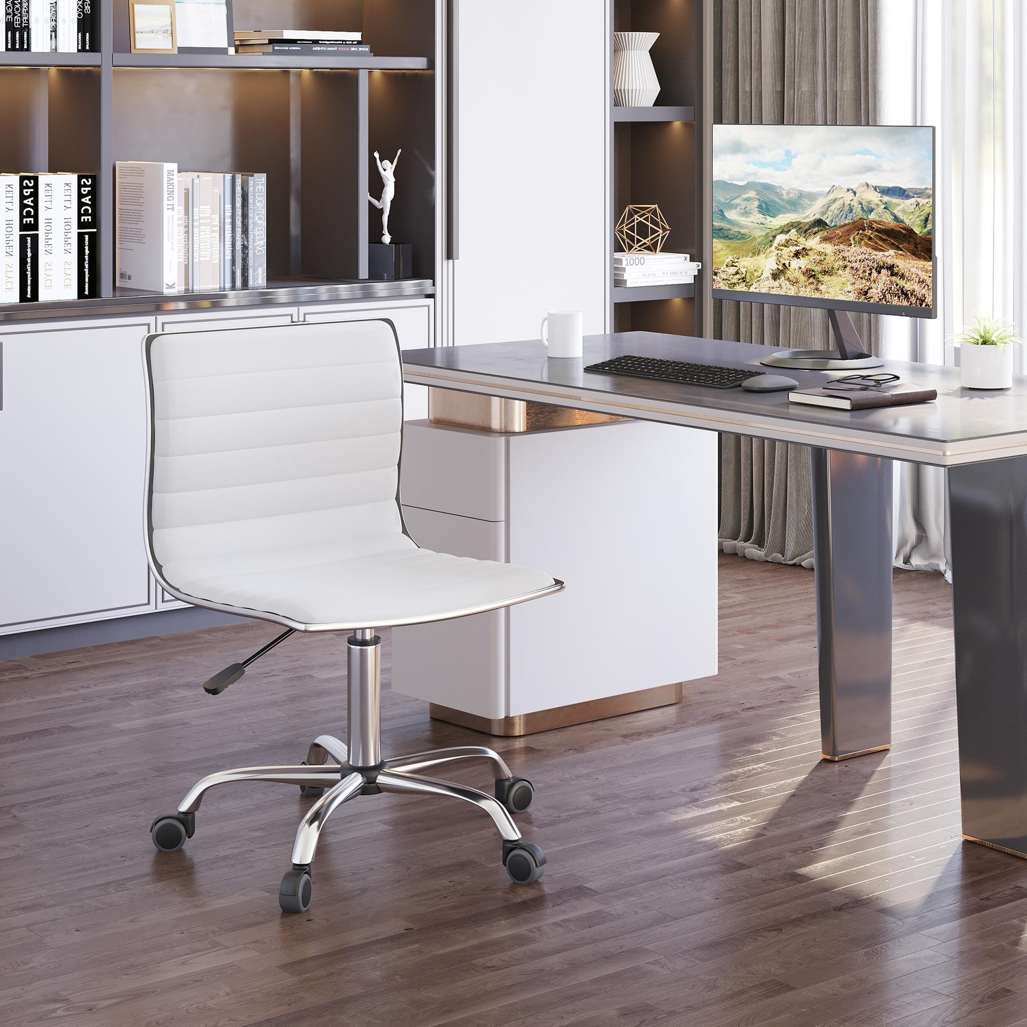 Voir la diapositive 2 : HOMCOM Chaise de bureau design style Chesterfield acier chromé revêtement synthétique blanc