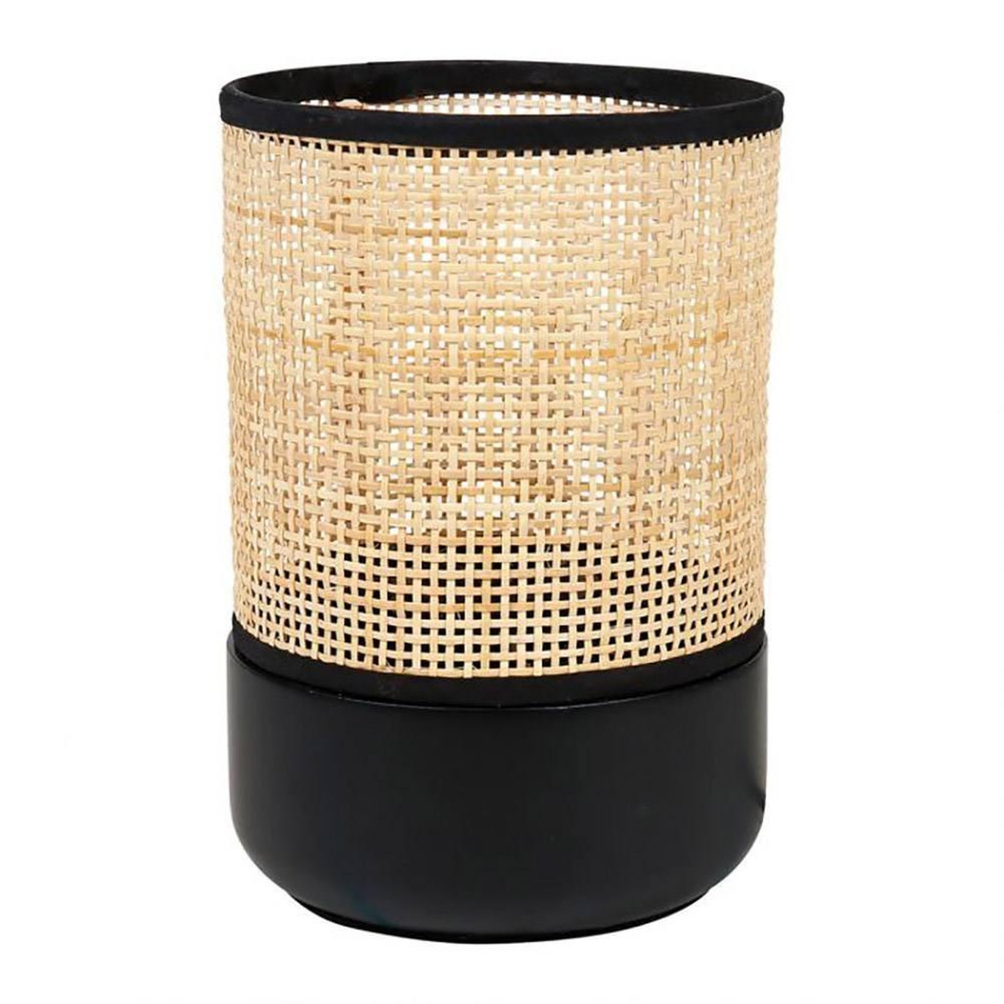 Voir la diapositive 1 : OSTARIA Lampe Typha base bois noir abat-jour rotin