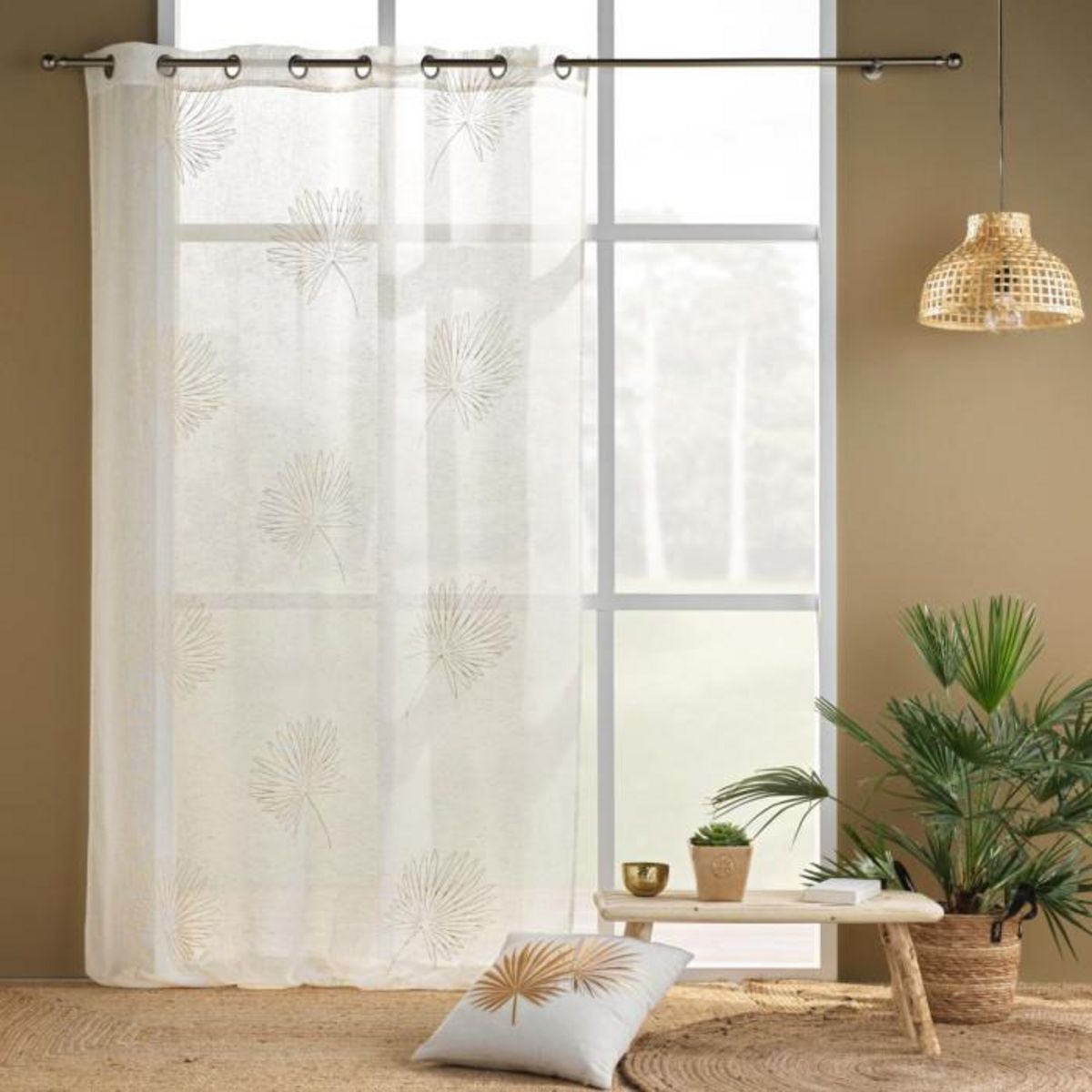 Paris Prix Rideau Voilage à Œillets Imprimé  Lotus  140x240cm Beige