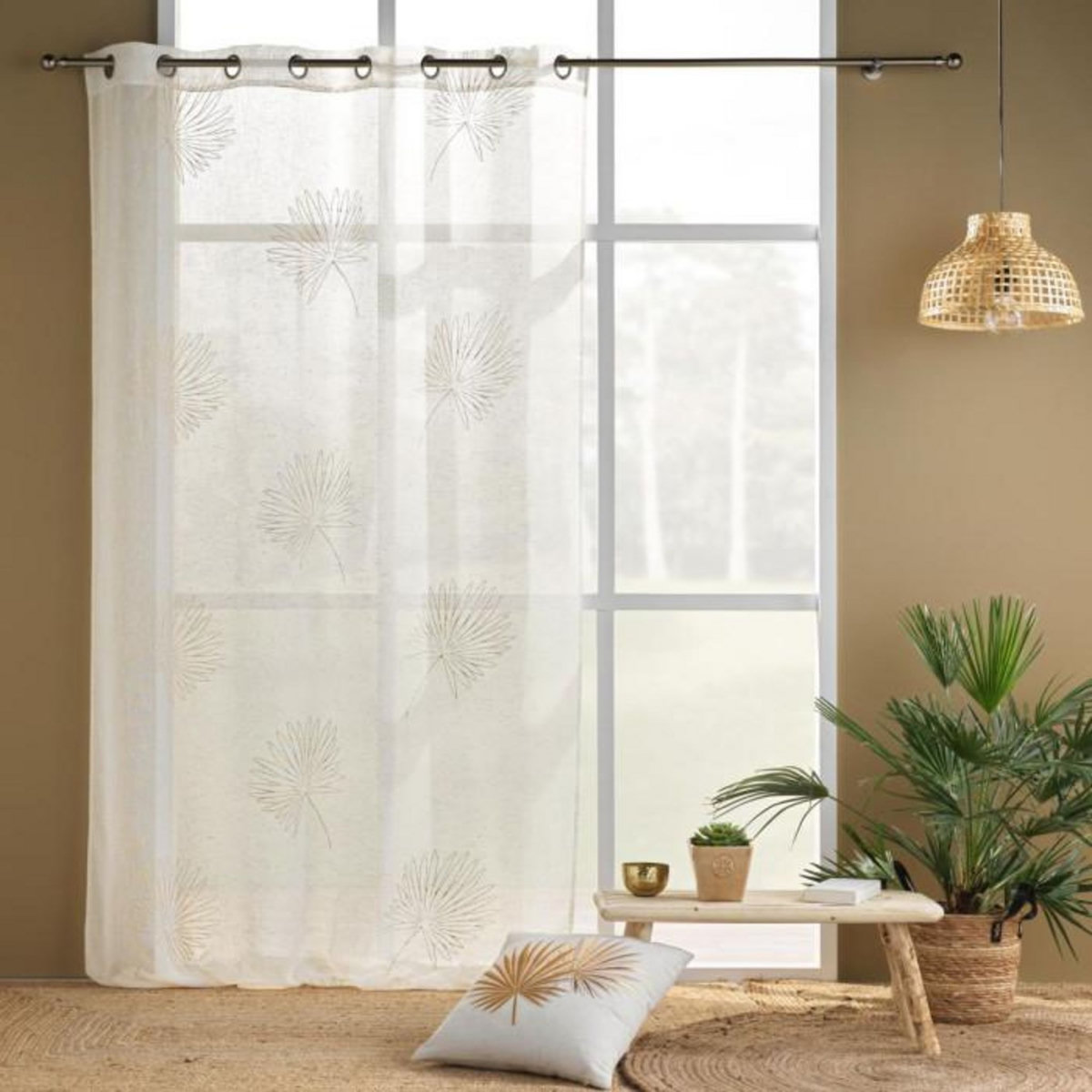 Paris Prix Rideau Voilage à Œillets Imprimé  Lotus  140x240cm Beige