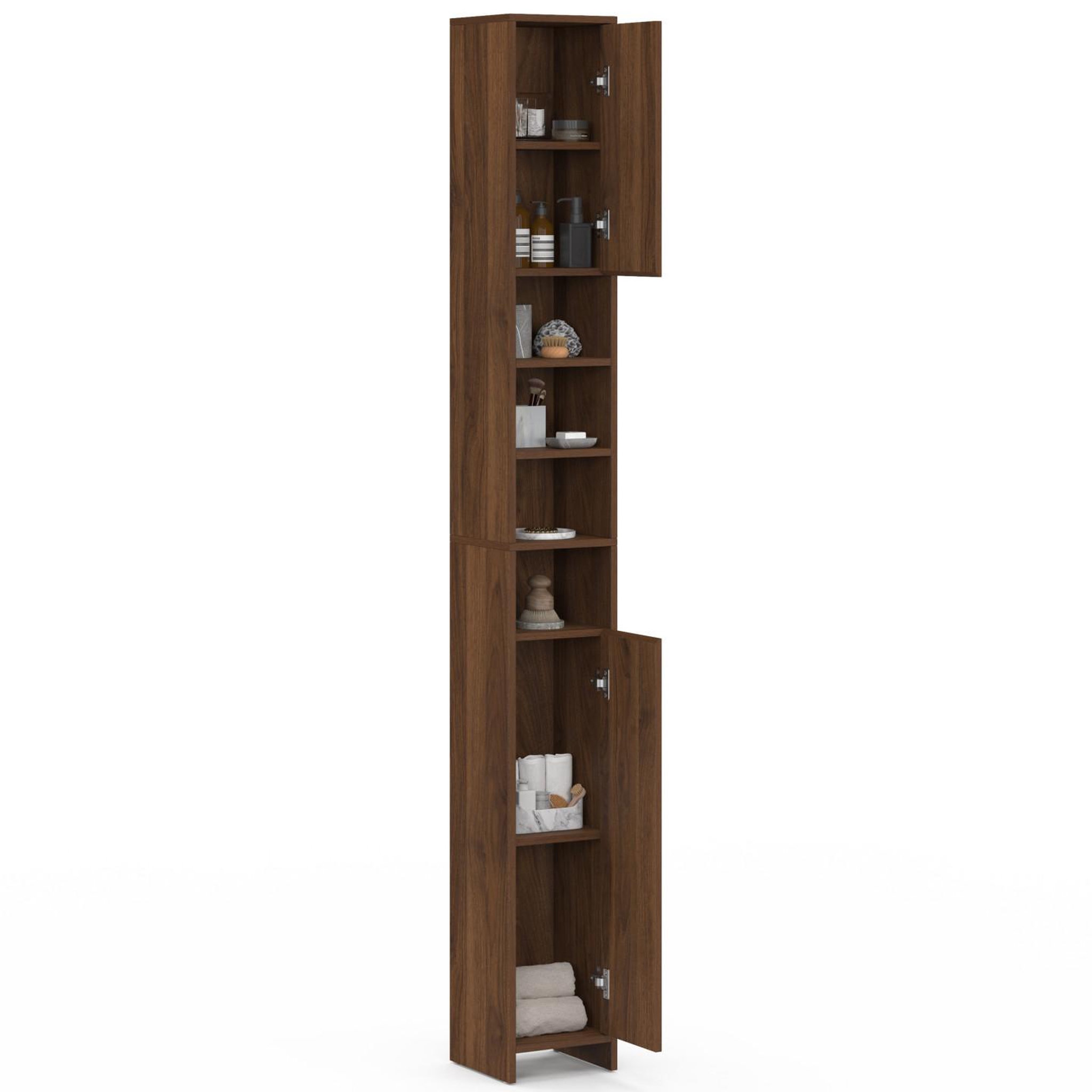 Voir la diapositive 4 : ID MARKET Meuble colonne salle de bain tomi 2 portes 4 niches effet noyer