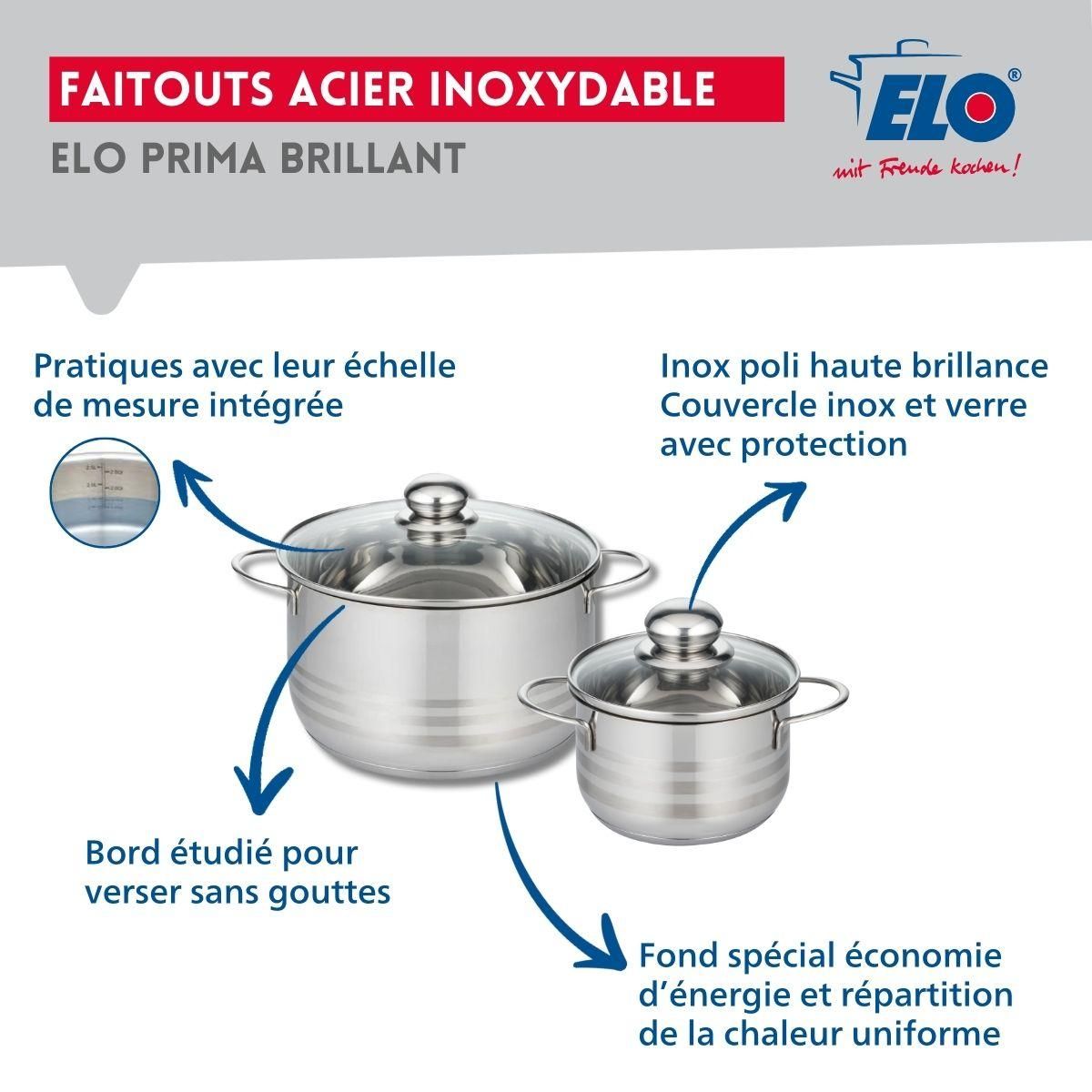 ELO Ensemble de 3 Poêles de cuisson 20, 24 et 28 cm et 2 faitouts 16 et 24 cm Elo Prima Brillant