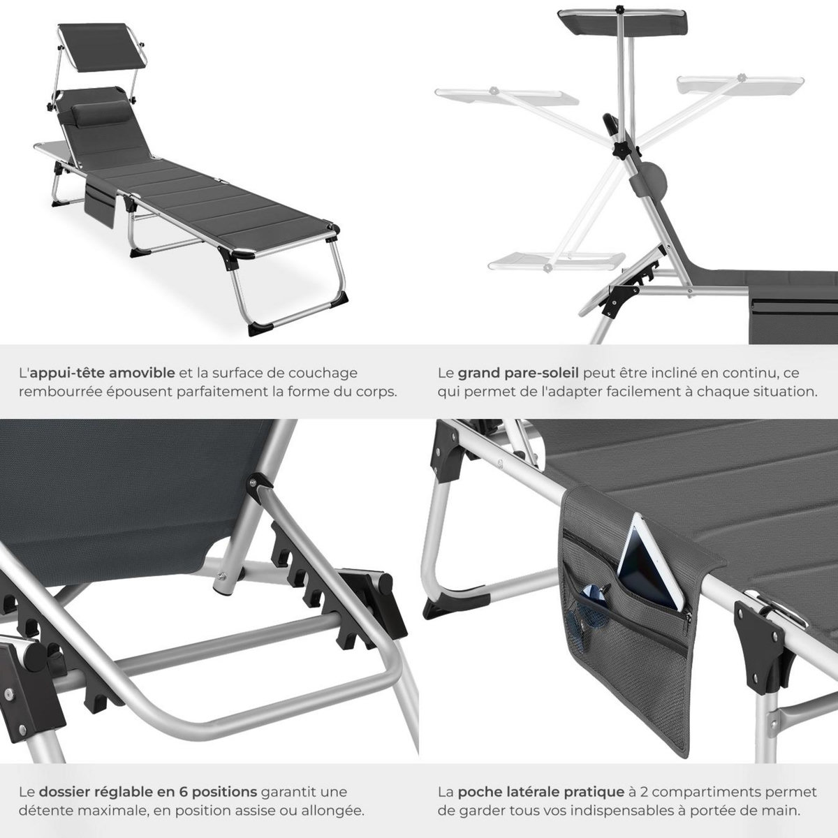 tectake Bain de soleil rembourré et pliable gris