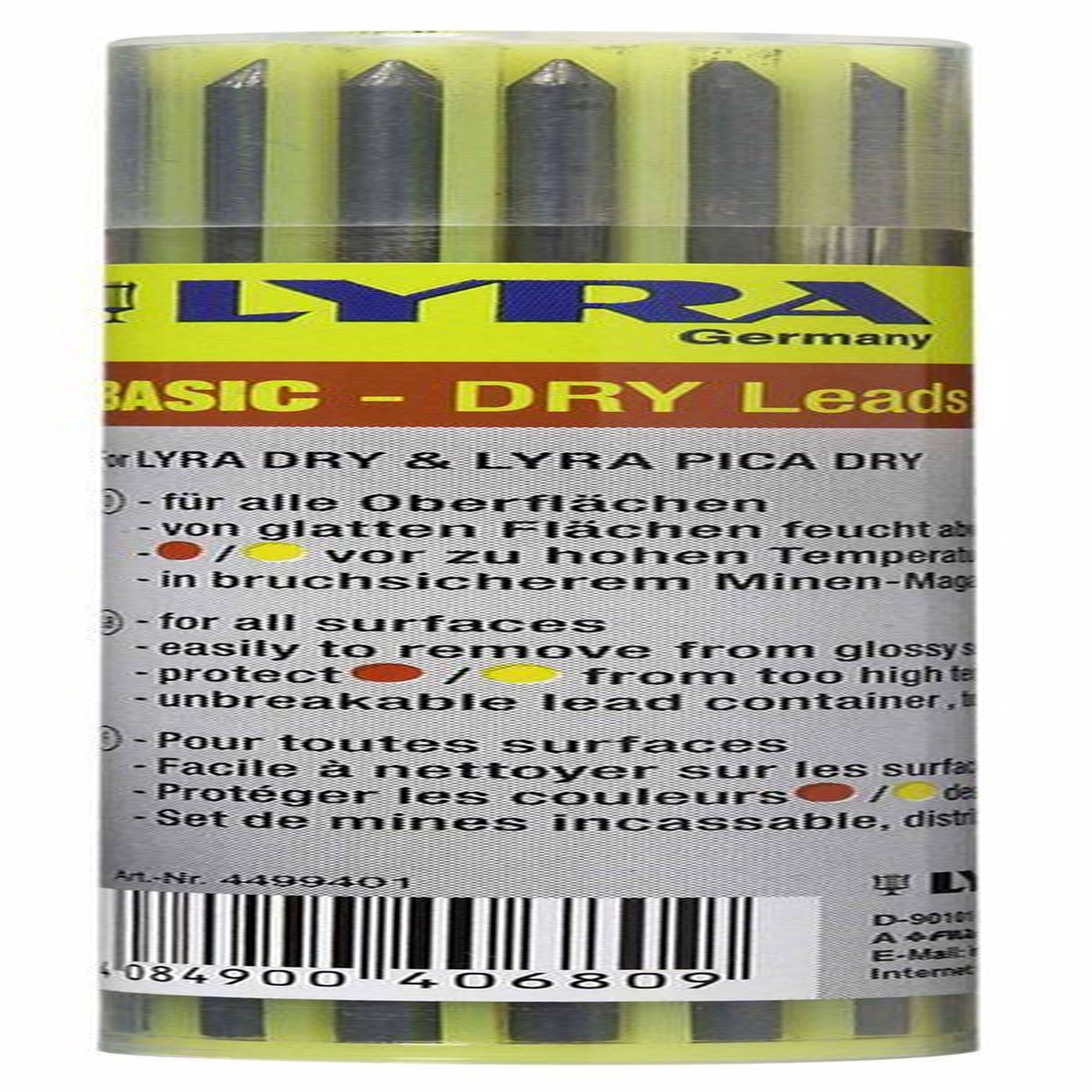 Lyra Etui de 12 mines LYRA DRY couleur (6 graphites, 3 rouges, 3 jaunes)