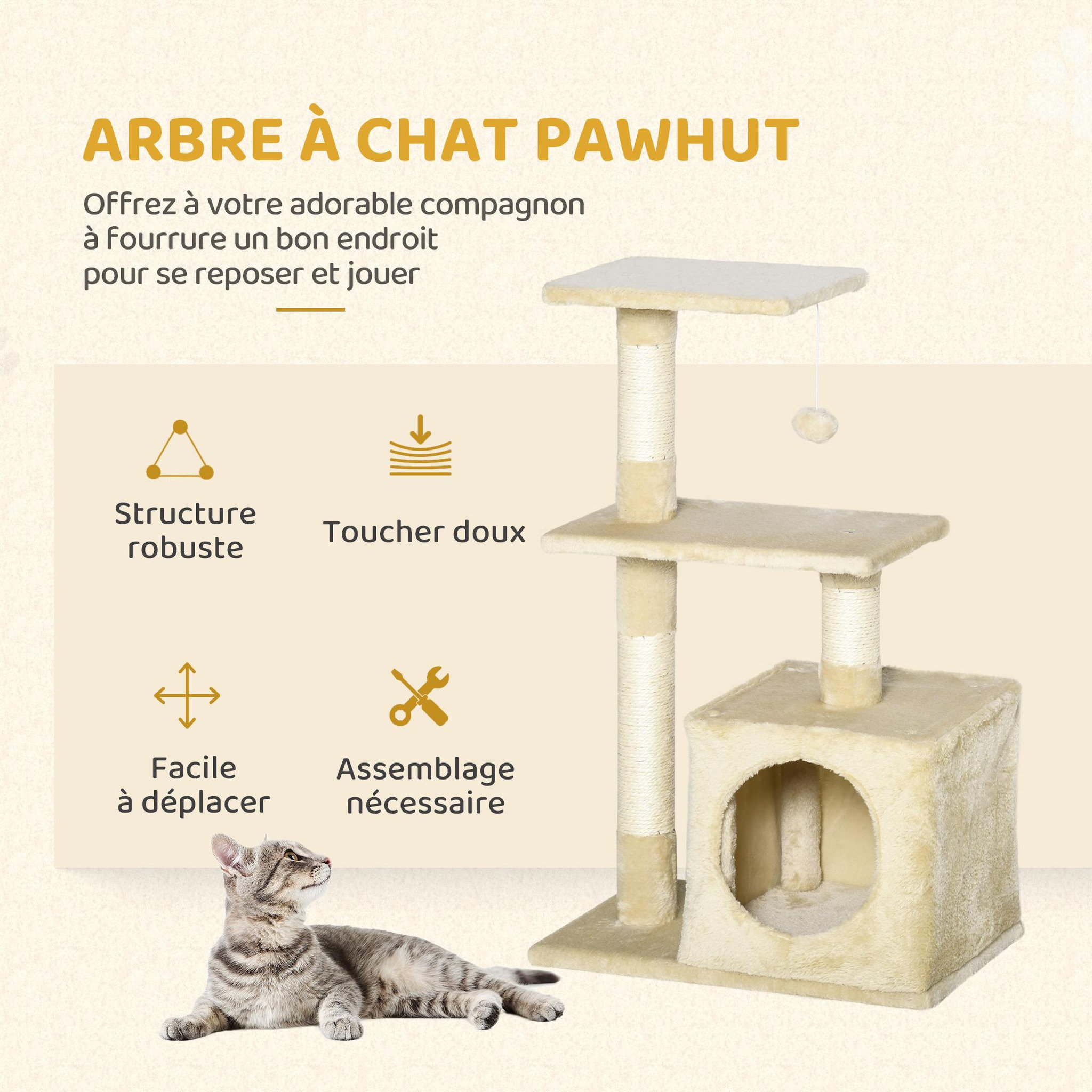 Voir la diapositive 6 : PAWHUT Arbre à chat h.81cm niche 3 griffoirs 2 plateformes jeu boule suspendue beige