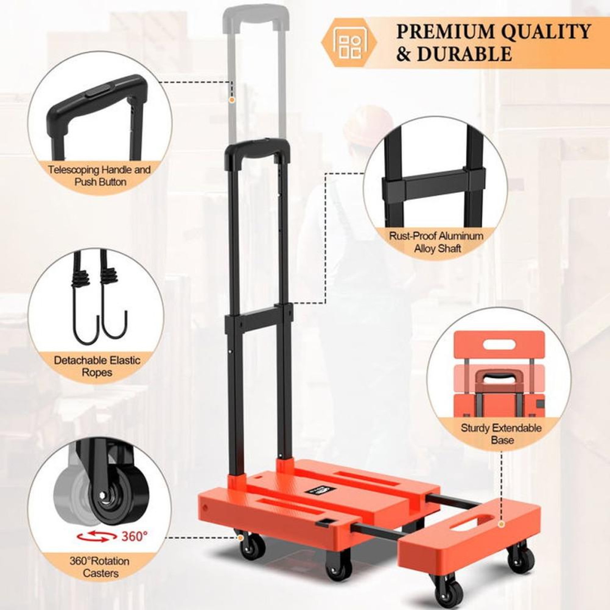Voir la diapositive 3 : Chariot de transport pliant Spacekeeper rouge plateforme extensible capacité 230 kg 6 roulettes pivotantes 360°