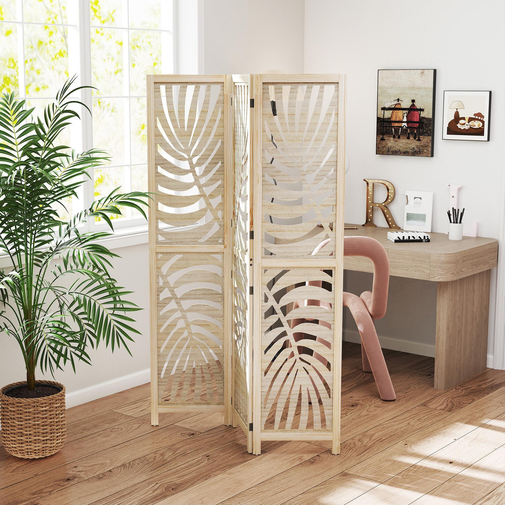 Voir la diapositive 4 : HOMCOM Paravent interieur 4 panneaux style exotique - séparateur pliable ajustable 2 parties - bois ajouré feuilles