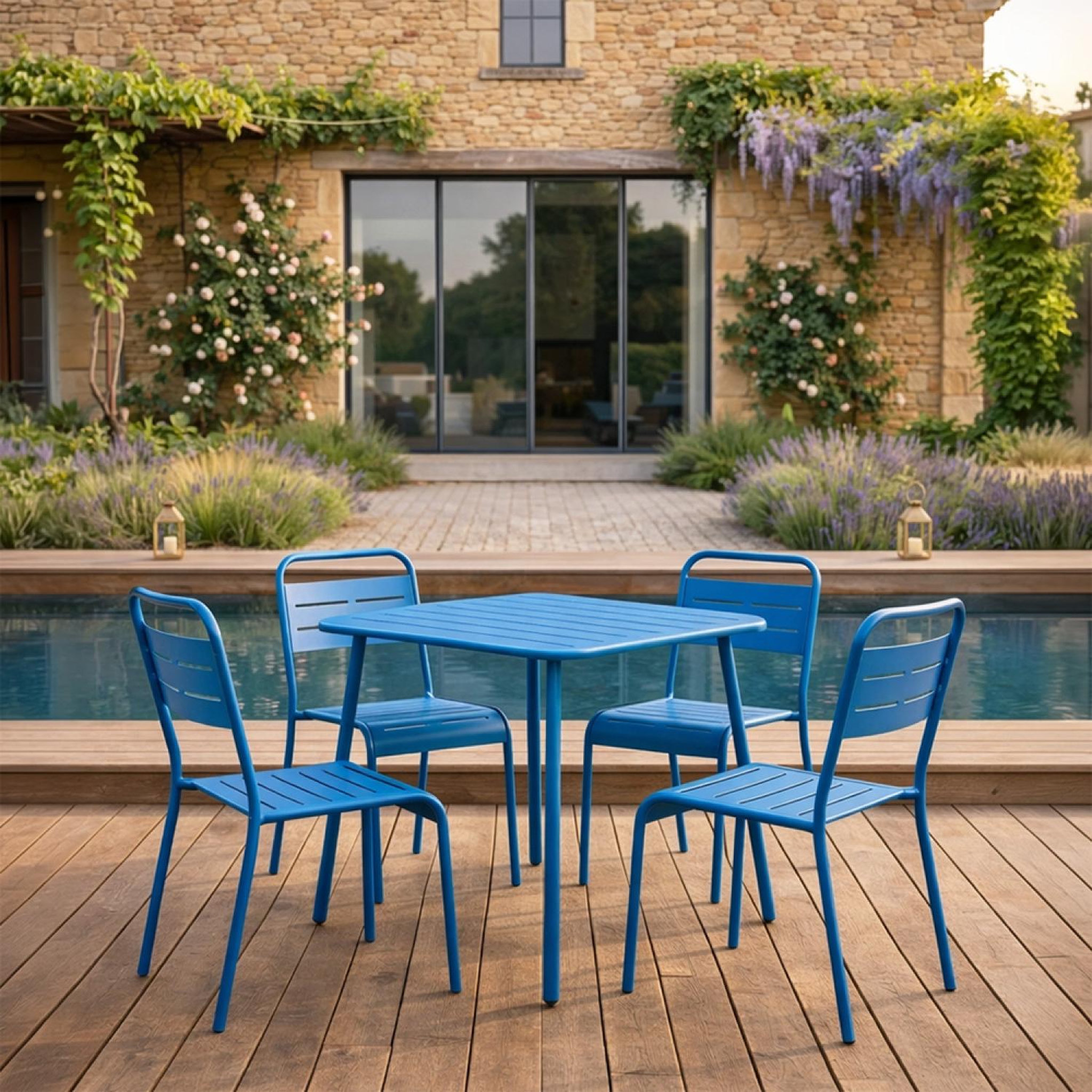Voir la diapositive 5 : CONCEPT USINE Ensemble table de jardin carrée et 4 chaises bleu bergame