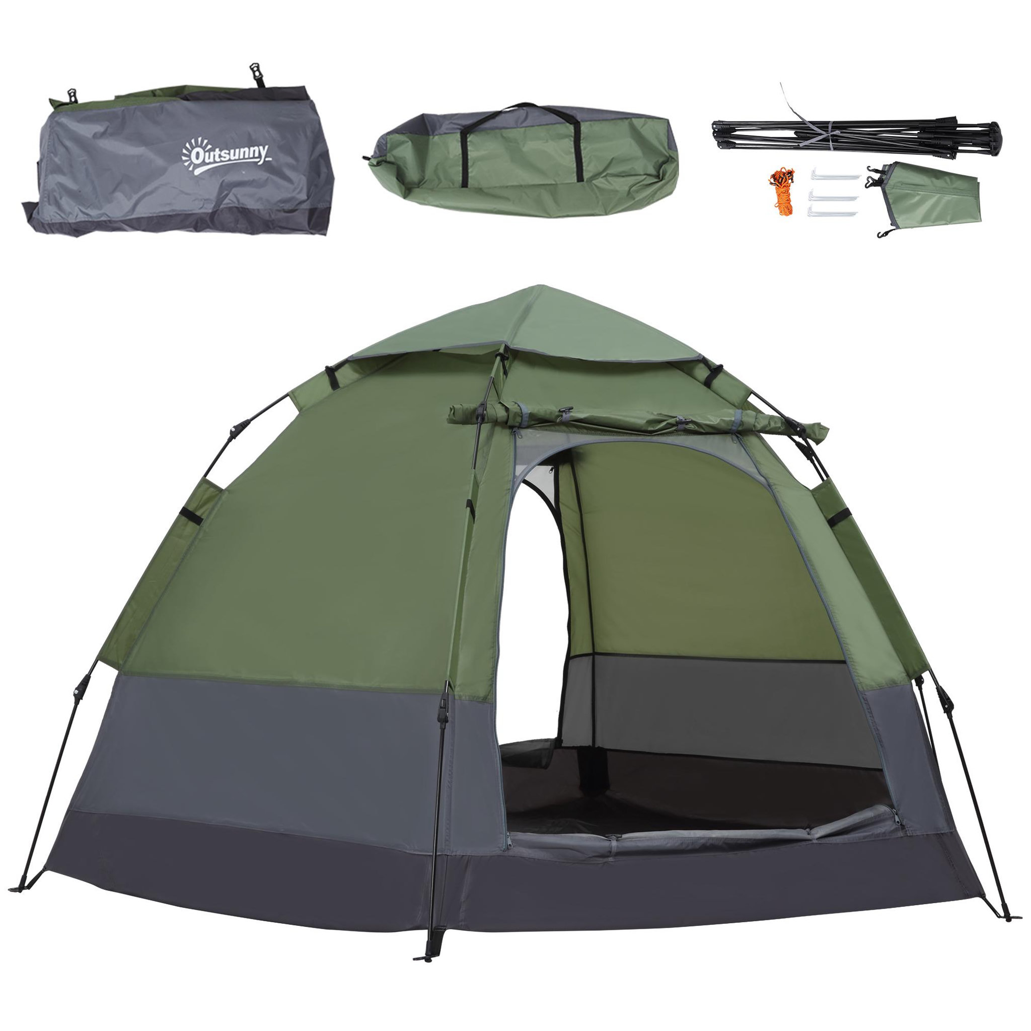 Voir la diapositive 1 : OUTSUNNY Tente pop up montage instantané - tente de camping 3-4 pers.  - 2 grandes portes - dim. 2,6l x 2,6l x 1,5h m fibre verre polyester oxford vert gris