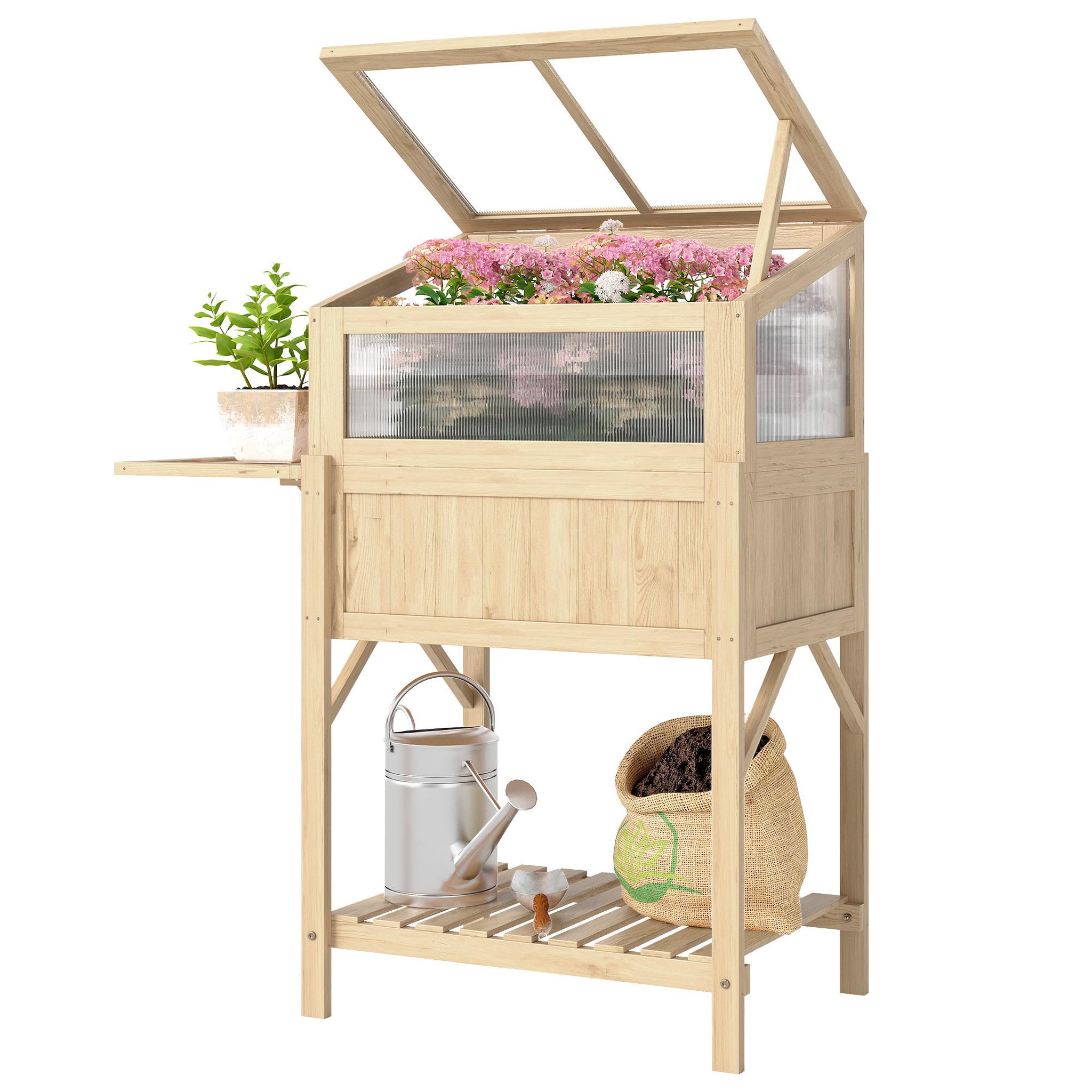 Voir la diapositive 5 : OUTSUNNY Carré potager sur pieds avec serre en bois naturel