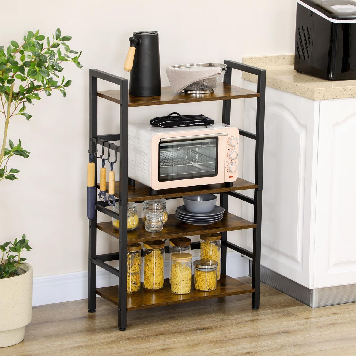 HOMCOM Étagère de cuisine design industriel - 4 étagères, crochets - châssis acier noir panneaux aspect bois vieilli