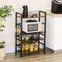 Voir la diapositive 4 : HOMCOM Étagère de cuisine design industriel - 4 étagères, crochets - châssis acier noir panneaux aspect bois vieilli