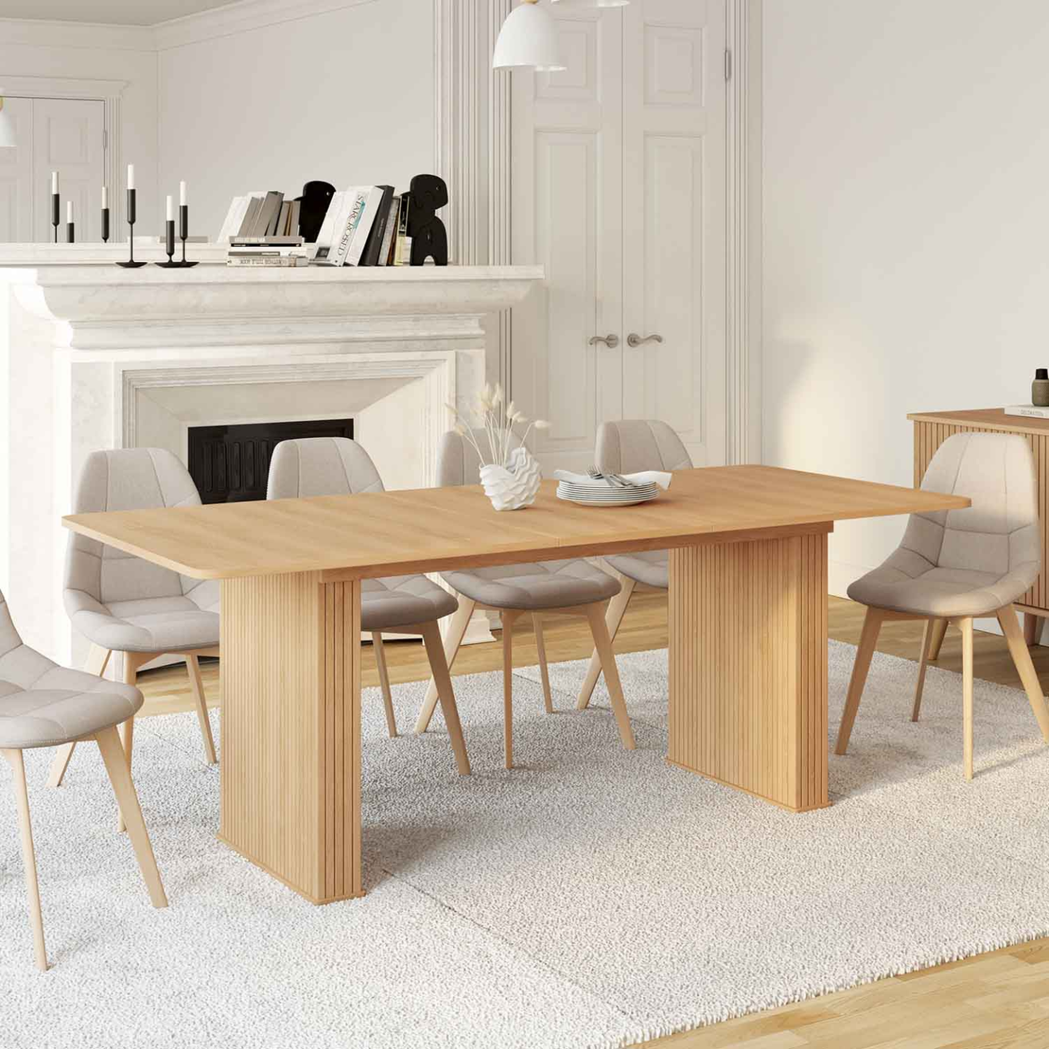 Voir la diapositive 2 : ID MARKET Table à manger extensible rectangle juliette 6-10 personnes pieds lattes tasseau bois coloris chêne 160-200cm
