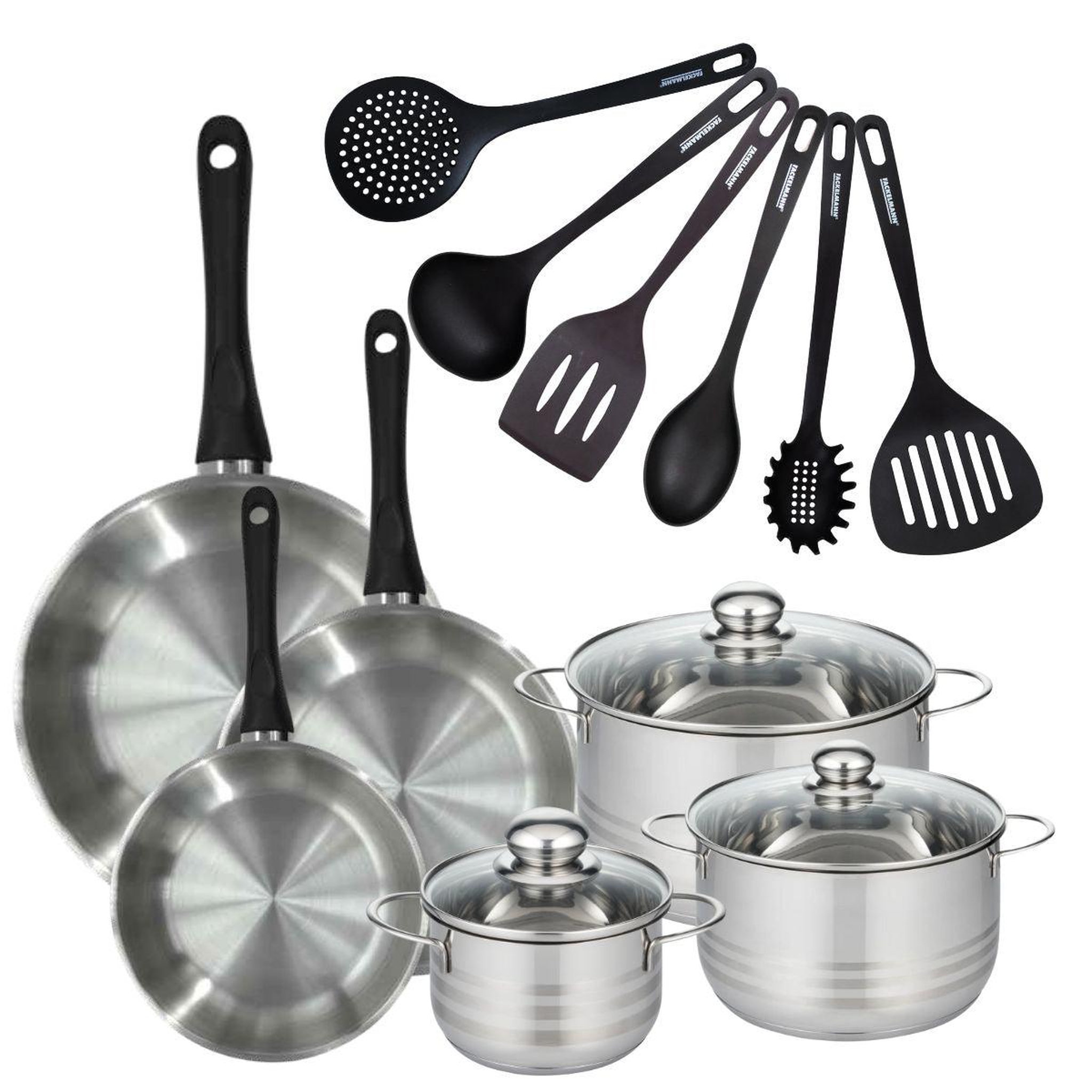 Fackelmann Batterie de cuisine avec 3 poêles 20/24/28 cm et 3 faitouts 16/20/24 cm avec 6 ustensiles de cuisine sans pfas fackelmann généva brillant fénix