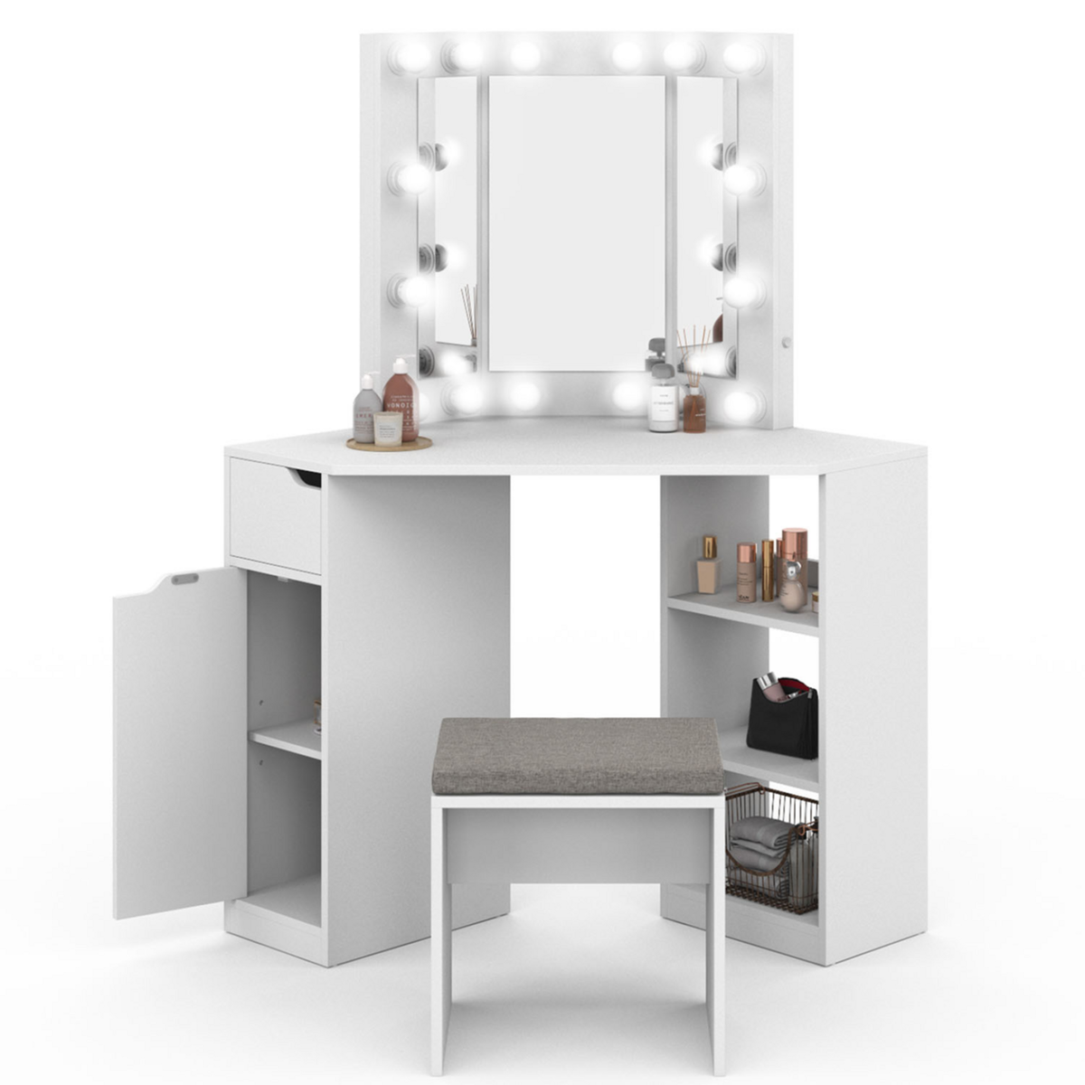 ID MARKET Coiffeuse d'angle ZELIA blanche 3 miroirs LED, 3 étagères, 1 tiroir, 1 caisson de rangement et tabouret