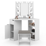 ID MARKET Coiffeuse d'angle ZELIA blanche 3 miroirs LED, 3 étagères, 1 tiroir, 1 caisson de rangement et tabouret