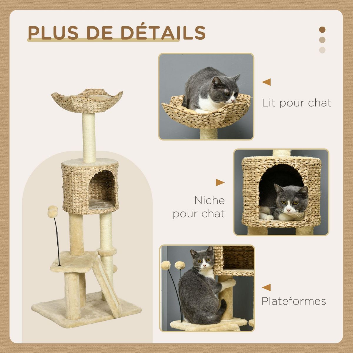 PAWHUT Arbre à chat style cosy chic griffoirs grattoir sisal naturel équipement multiple peluche jacinthe d'eau beige
