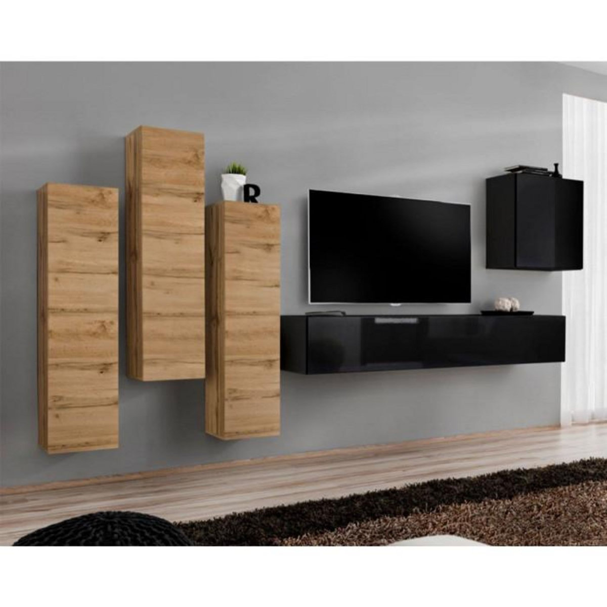 Paris Prix Meuble TV Mural Design  Switch III  330cm Naturel & Noir