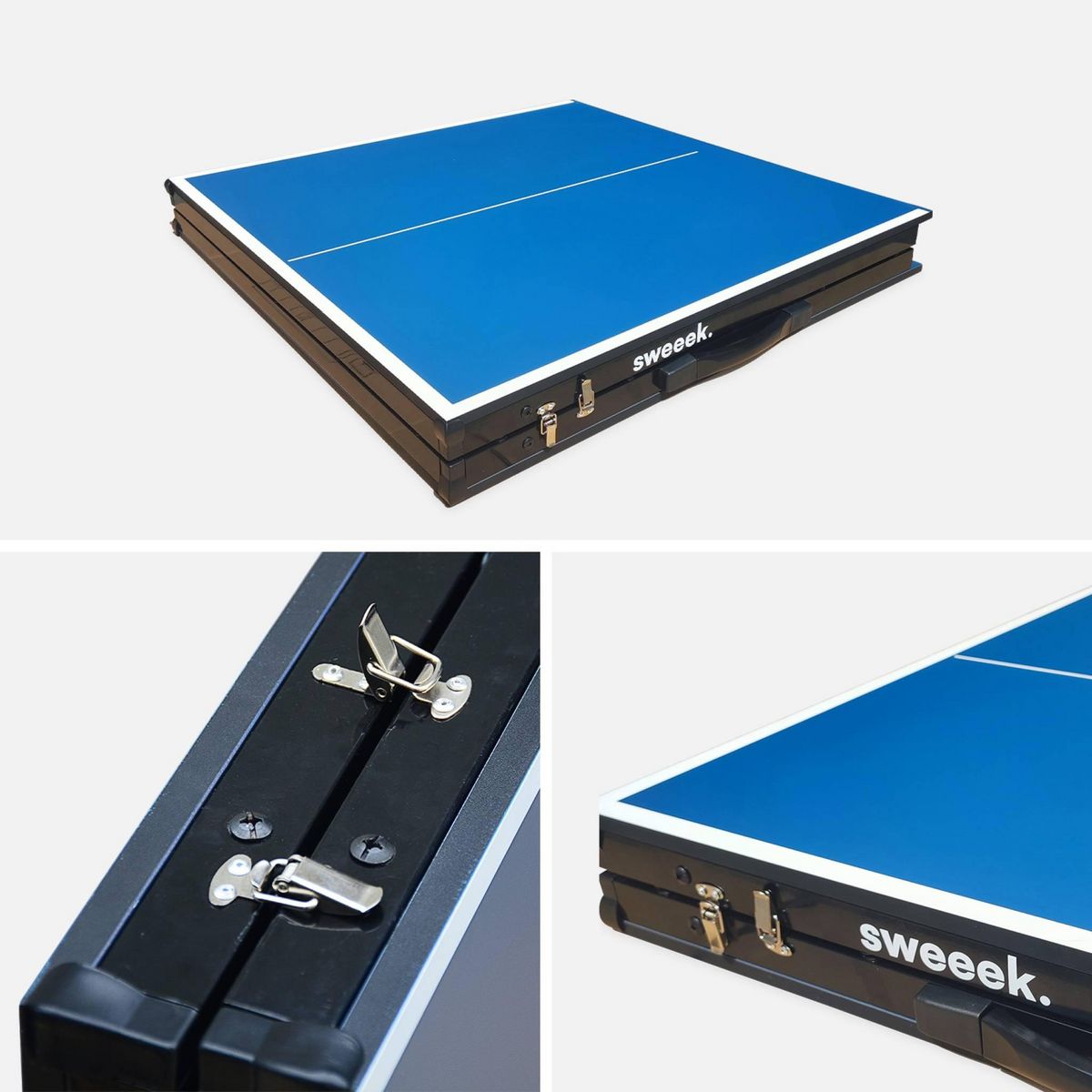 SWEEEK Mini table de ping pong 150x75cm - table pliable INDOOR bleue. avec 2 raquettes et 3 balles. valise de jeu pour utilisation intérieure. sport tennis de table