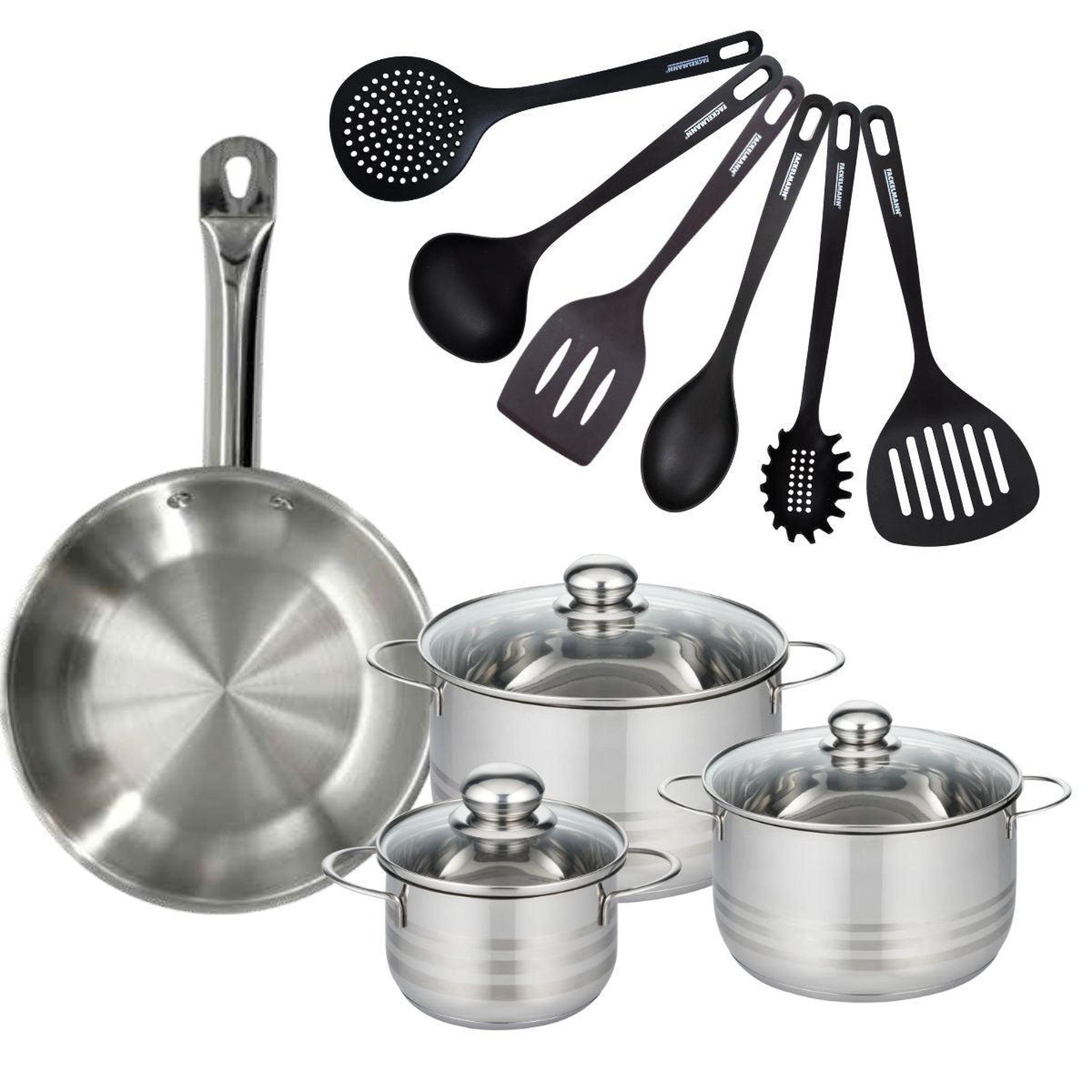Fackelmann Batterie de cuisine avec 1 poêle 28 cm et 3 faitouts 16/20/24 cm avec 6 ustensiles de cuisine sans pfas fackelmann etherna brillant fenix