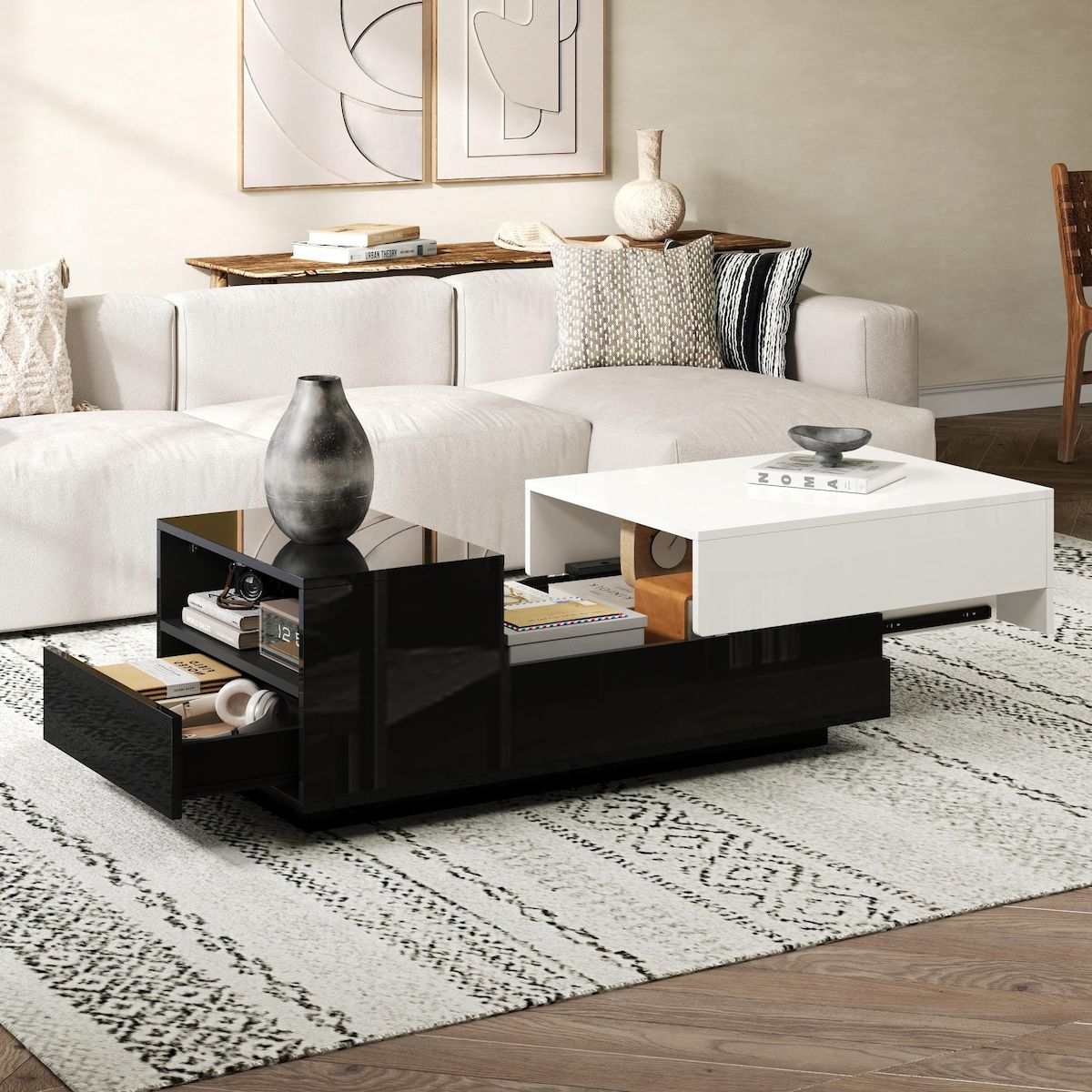 MERAX Table basse rectangulaire noir+blanc avec 2 tiroirs - 50x100 cm panneau de particules