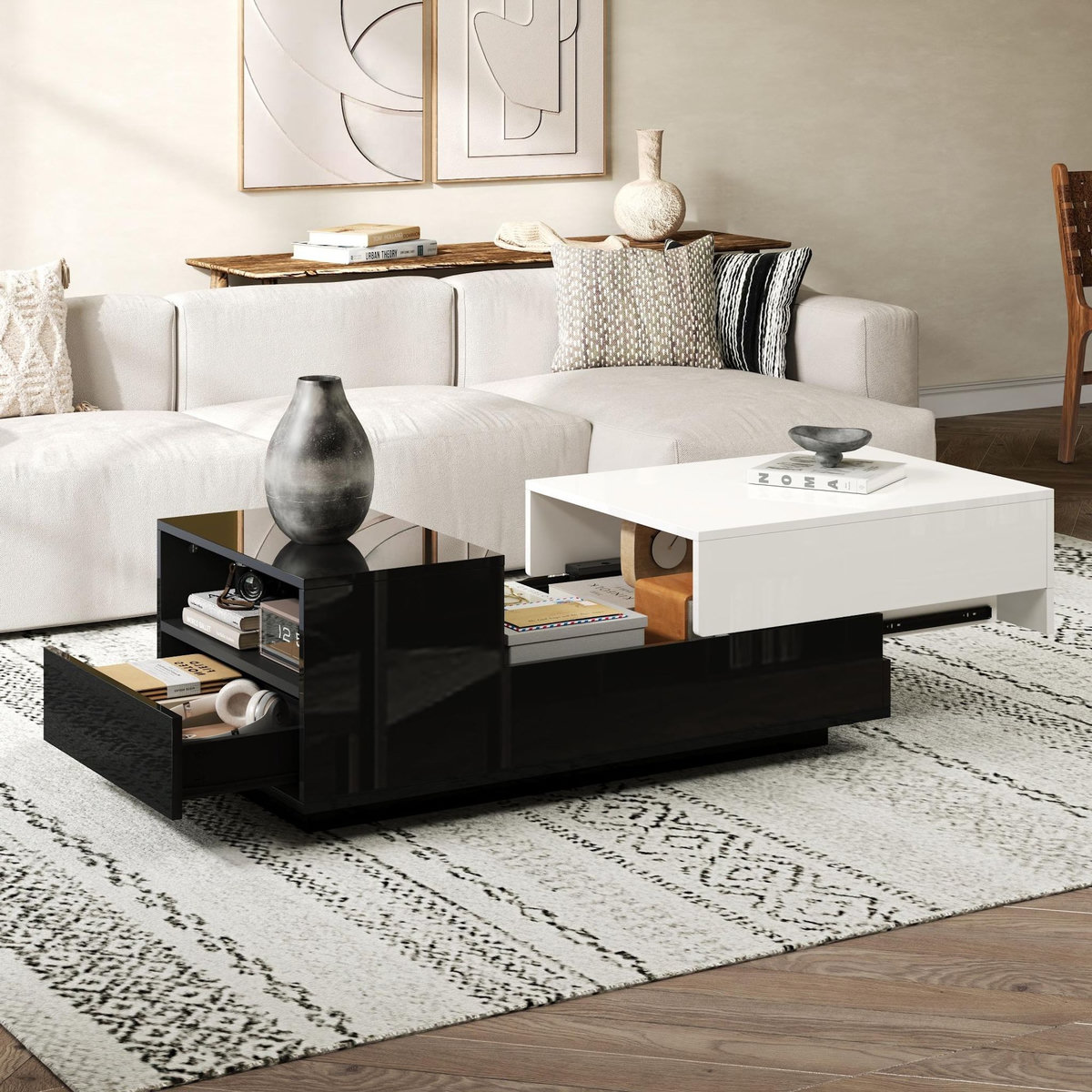 MERAX Table basse rectangulaire noir+blanc avec 2 tiroirs - 50x100 cm panneau de particules