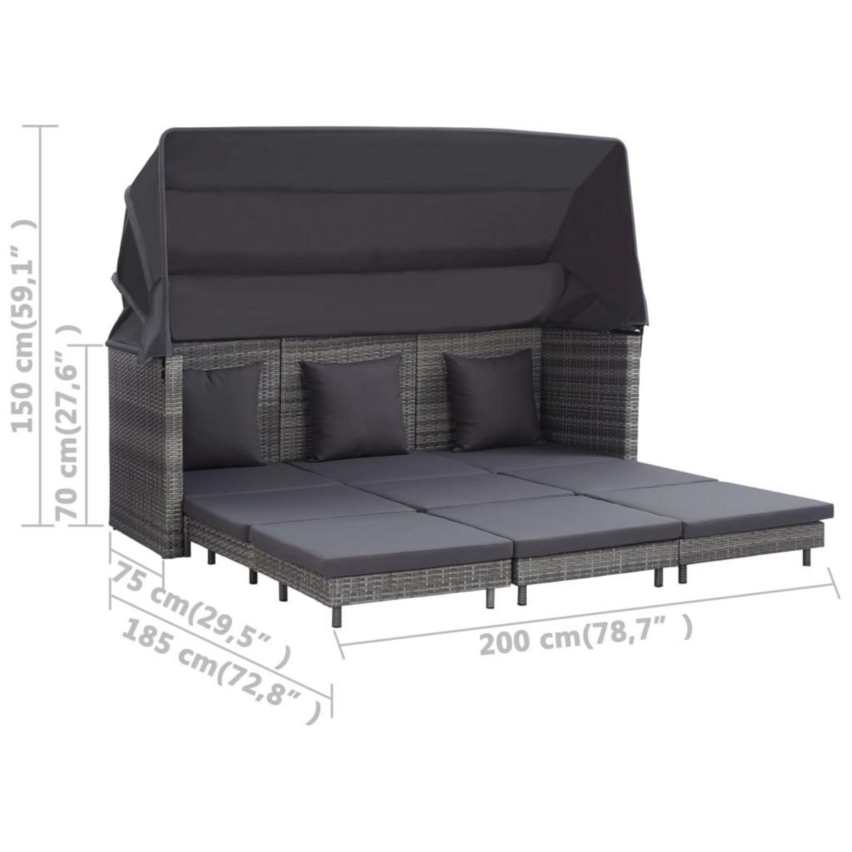 VIDAXL Canape-lit extensible 3 places avec toit Resine tressee Gris